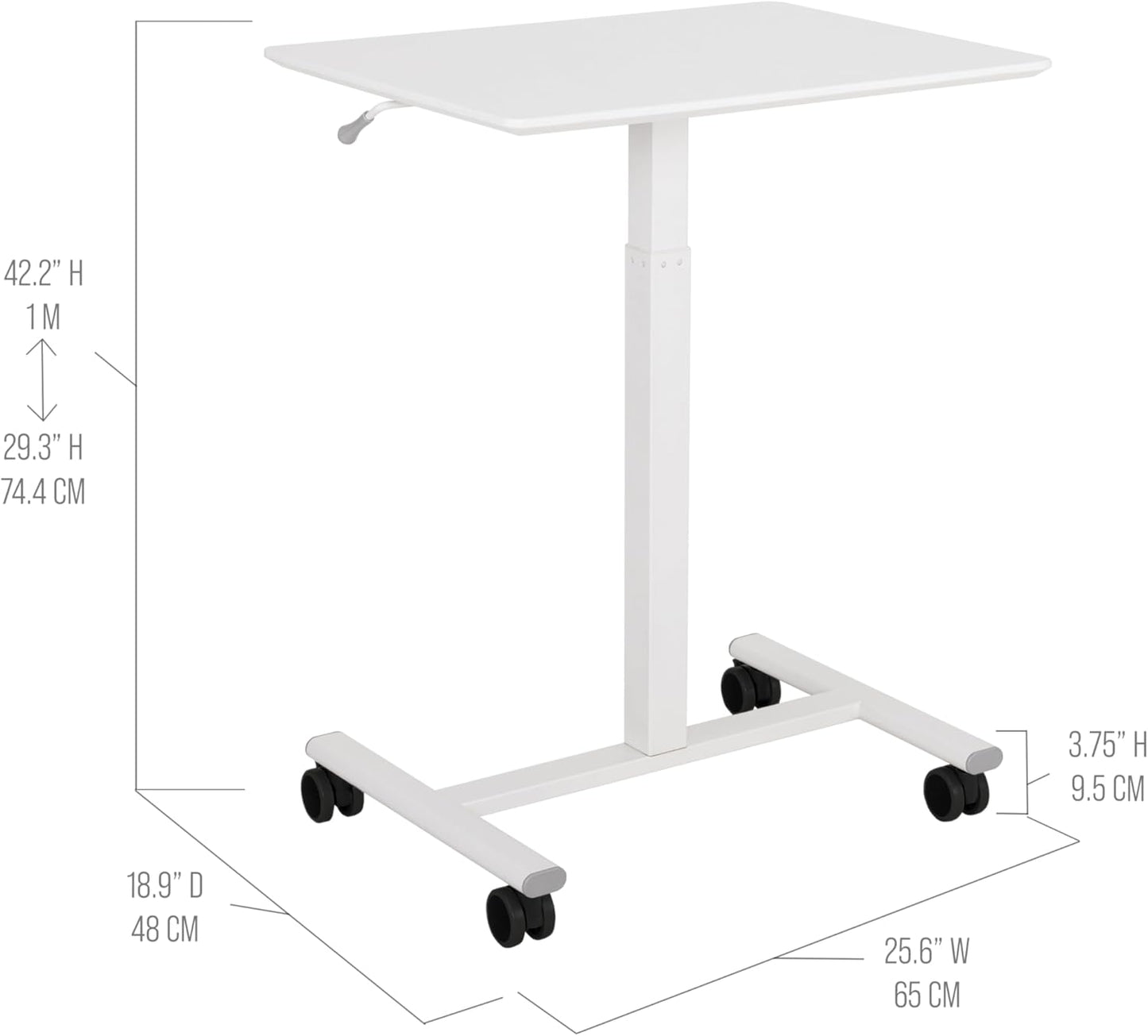 Seville Classics Airlift Height Adjustable Pneumatic Laptop Sit Stand Desk Mobile Rolling Cart, Computer Workstation for Home Office, Classroom, White, 25.6" Desktop