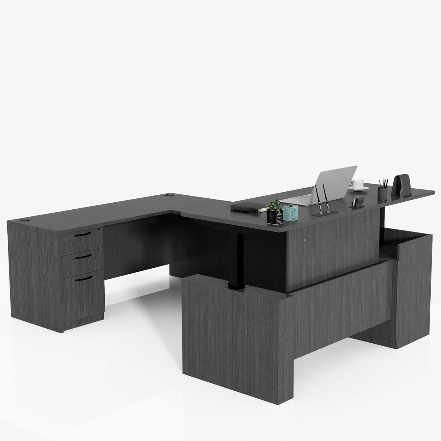 66.93'' Height Adjustable L-Shaped Executive Desk with Drawers and Shelves (Espresso)