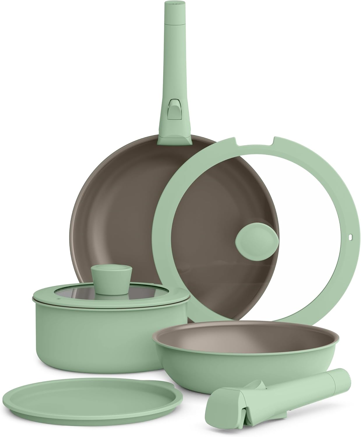 bella 8 Piece Cookware Set, Fits-anywhere™ Kitchenware w EverGood™ Ceramic Nonstick Coating, Removable Handles, Dishwasher & Oven Safe, All Stovetops Compatible, Glass Lids w Silicone Rims, Oatmilk