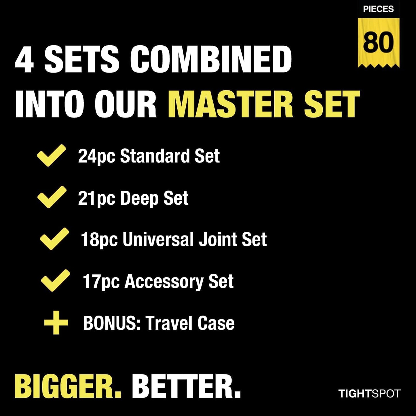 TIGHTSPOT 1/4" Drive 80pc Impact Socket MASTER SET, our Most Complete Set Ever with SAE & Metric from 3/16 Inch - 9/16 Inch, 4mm - 15mm, Standard/Deep/Universal & Torx & Inverted Torx Sockets & More