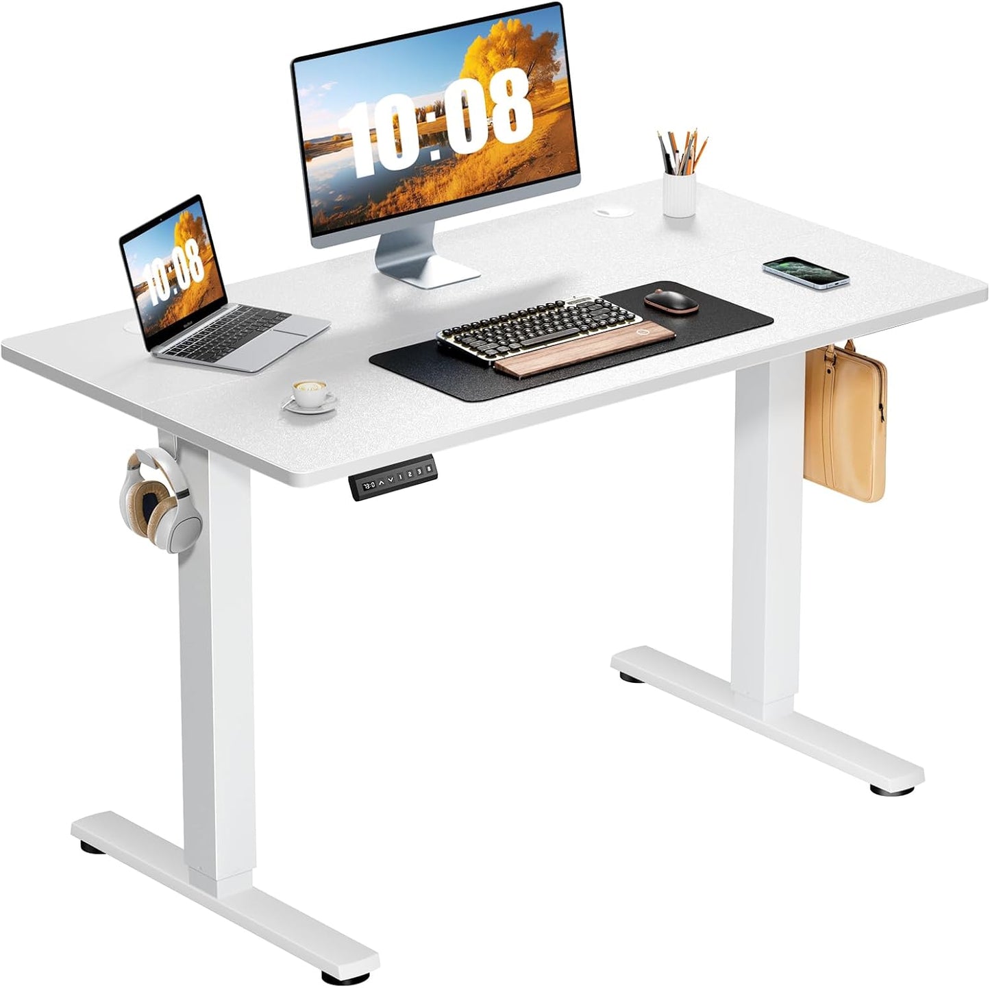 Sweetcrispy Electric Standing Desk Adjustable Height, 48x24 Inch Sit Stand Up Home Office Desks Computer Workstation PC Work Table with 3 Memory Preset Splice Wood Board Metal Frame, White