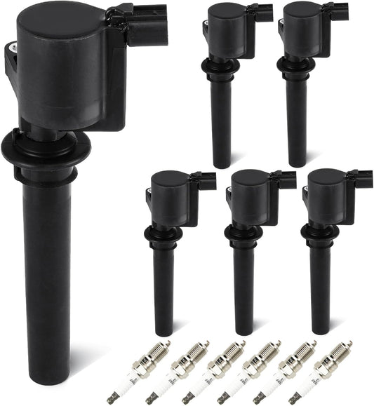 Set of 6 Ignition Coils Pack 6 Iridum Spark Plugs Compatible with 01-07 Ford Escape, 08 Mercury Mariner, 05-06 Montego, 00-04 Sable, 01-06 Mazda Tribute Replace FD502