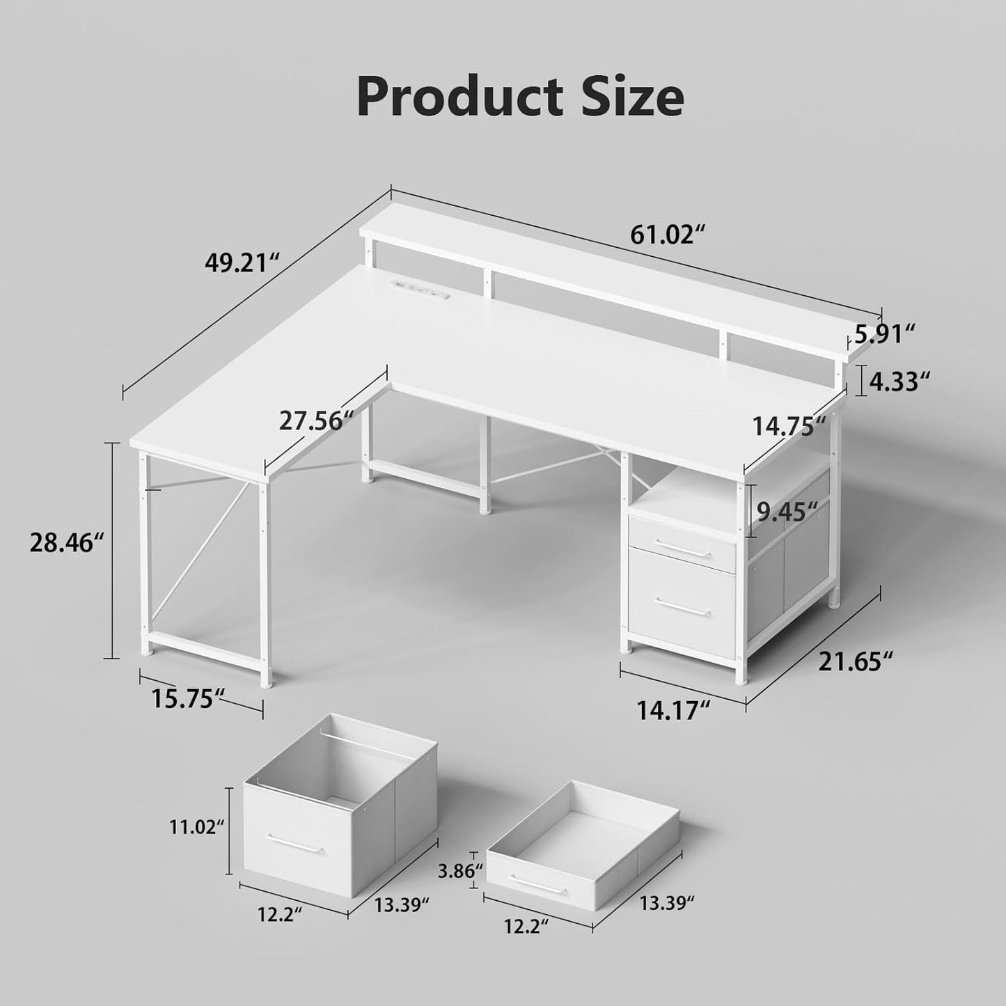 63" Gaming Desk with LED Lights, L Shaped Desk with Monitor Stand, Computer Desk with Drawers, PC Desk with Outlets, Office Desk with Monitor Stand, White