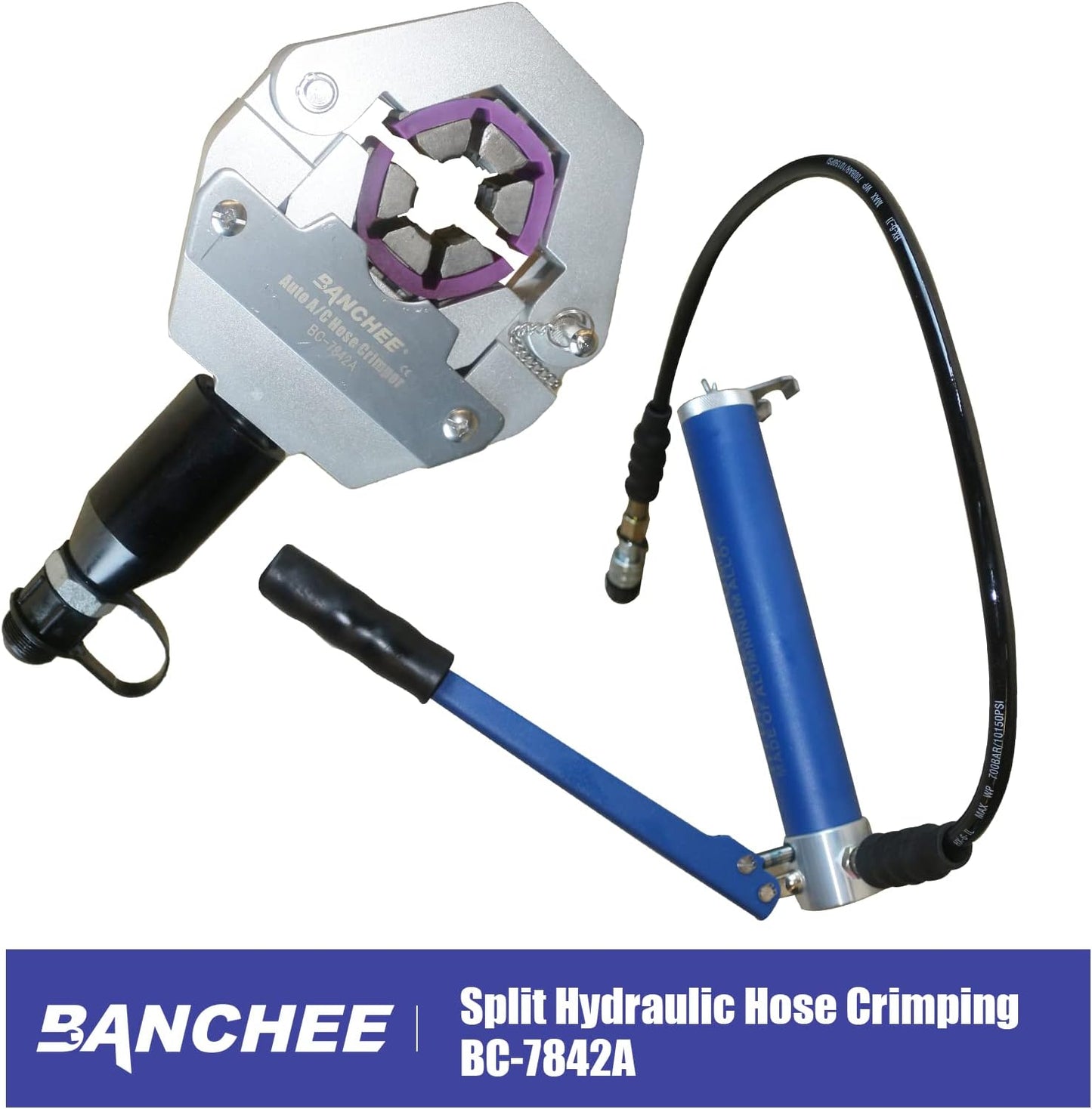 BANCHEE hydraulic hose crimping tool AC Crimping Tool for Barbed and Beaded Hose Fittings, Air Conditioning Repaire Ac Hose Crimper with 7 Die Set (BC-7842P)