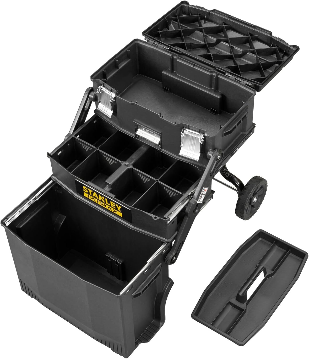 Stanley 1-94-210 FatMax Range Cantilever Workshop Trolley - Removable Divider Organiser - V-Slot for Extra Cutting - Telescopic Handle - Locking Latch - Large Diameter Wheels
