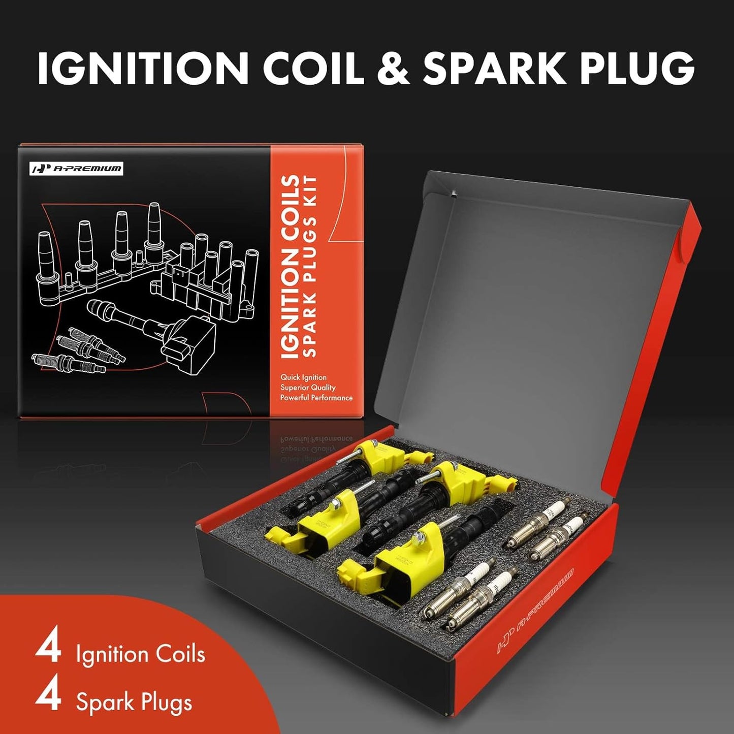 A-Premium Yellow Set of 8 Ignition Coil Pack and Iridium Spark Plugs Compatible with Chevrolet Equinox, Malibu, Captiva Sport & GMC Terrain & Buick LaCrosse, Verano, Regal & Saab & Saturn & Pontiac