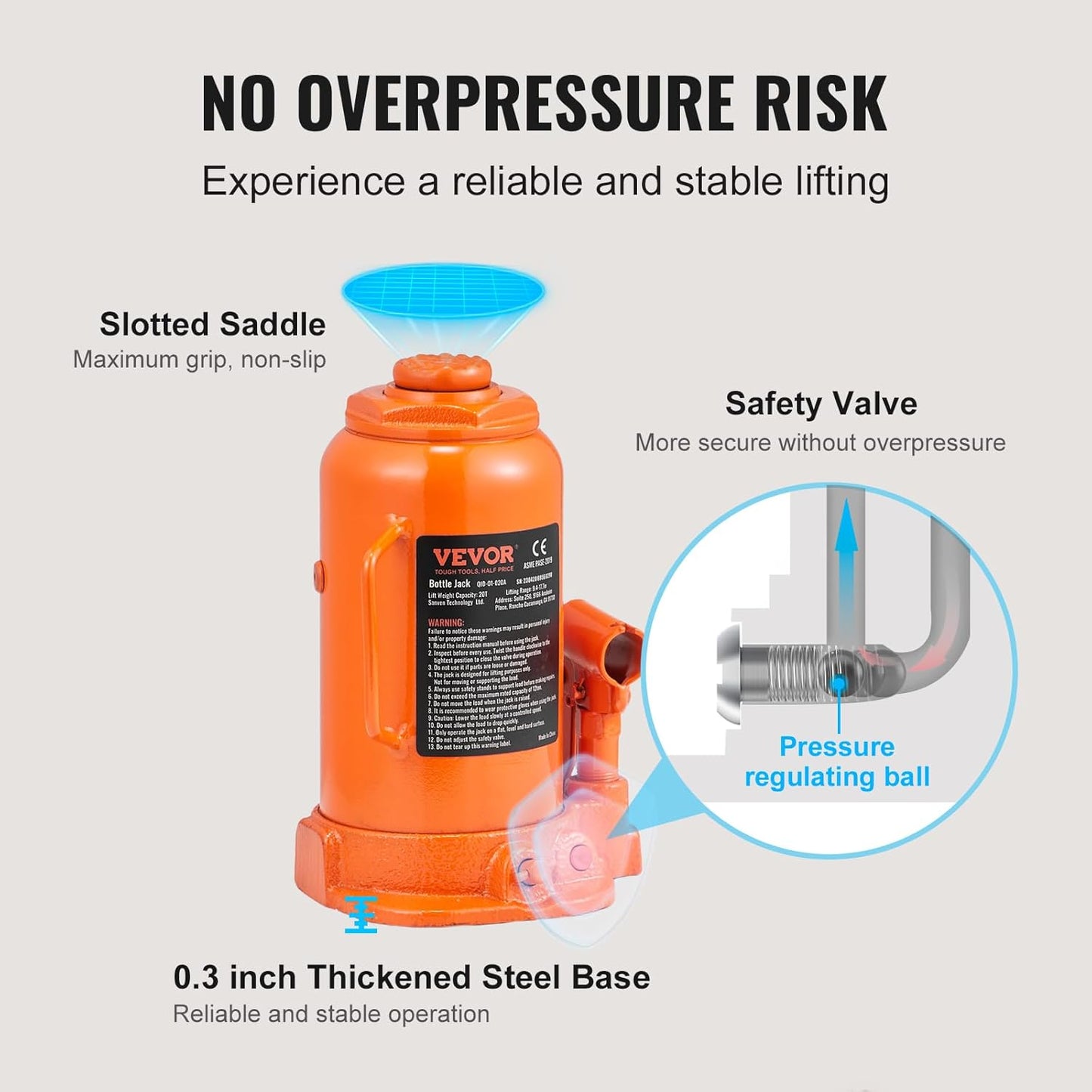 VEVOR Hydraulic Bottle Jack, 20 Ton/44092 LBS All Welded Bottle Jack, 7.5-14 inch Lifting Range, with 3-Section Long Handle, for Pickup Truck, Truck, Car, RV, Auto Repair, Industrial Engineering