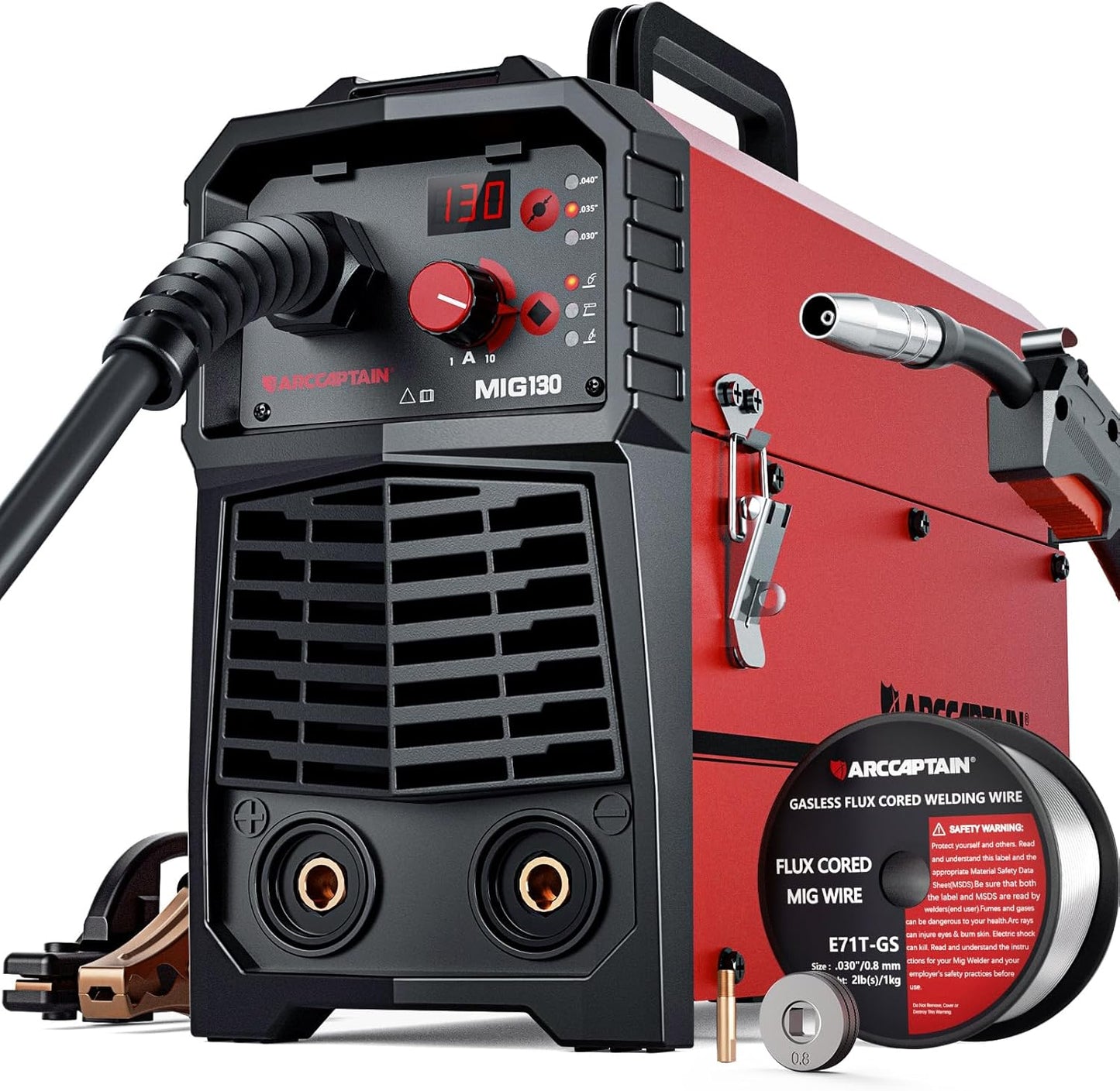 ARCCAPTAIN 130A MIG Welder, 110V Flux Core MIG Welder/Lift TIG/Stick 3 in 1 Welding Machine with Synergy, IGBT Inverter Portable Gasless Welder Equipment with Welding Gun and 2lb Welding Wire