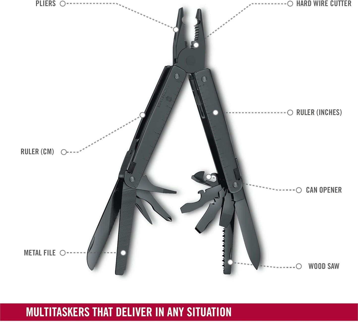 Victorinox Swiss Tool BS, 24 Function Swiss Made MultiTool with 2 Blades (Large and Serrated), 5 Screwdrivers, Pliers and Chisel - Black