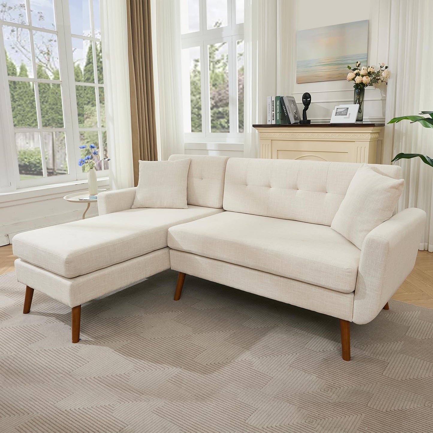 Tbfit 65" W Loveseat Sofa, Mid Century Modern Decor Love Seat Couches for Living Room, Button Tufted Upholstered Small Couch for Bedroom, Solid and Easy to Install Love Seats Furniture, Beige