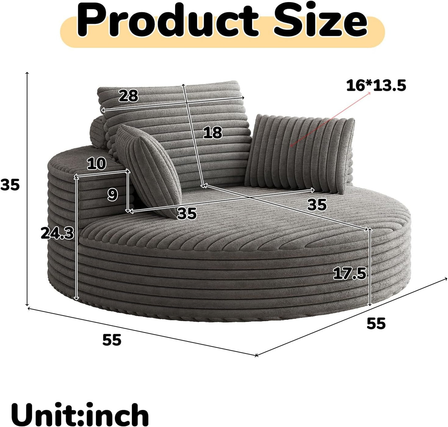 55 inch 360° Swivel Accent Chair, Chaise Lounge Chair Indoor Oversized Round Swivel Accent Chair Modern Corduroy Single Sofa Chair Deep Seat Chair for Living Room Bedroom Apartment, Grey