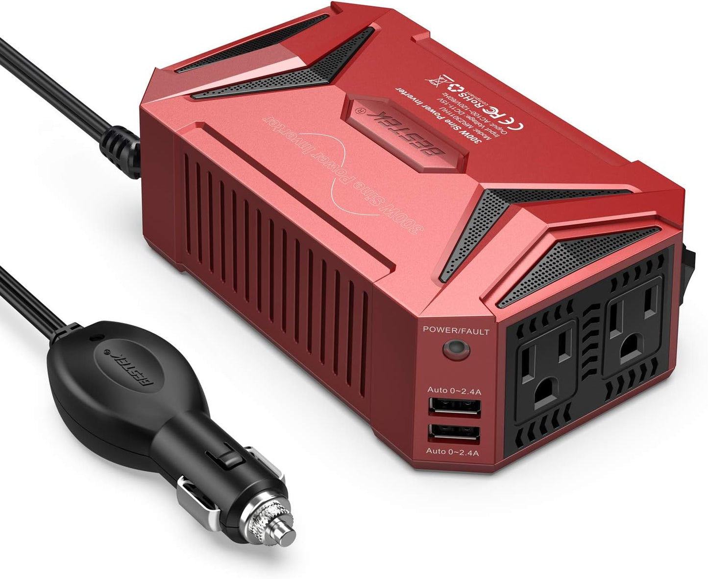 BESTEK Pure Sine Wave Power Inverter - 300W Car Plug in Charger Outlet DC 12V to 110V AC - Cigarette Lighter Adapter with 4.8A Dual USB Fast Charging Ports for Laptop - Aluminum Housing - Black