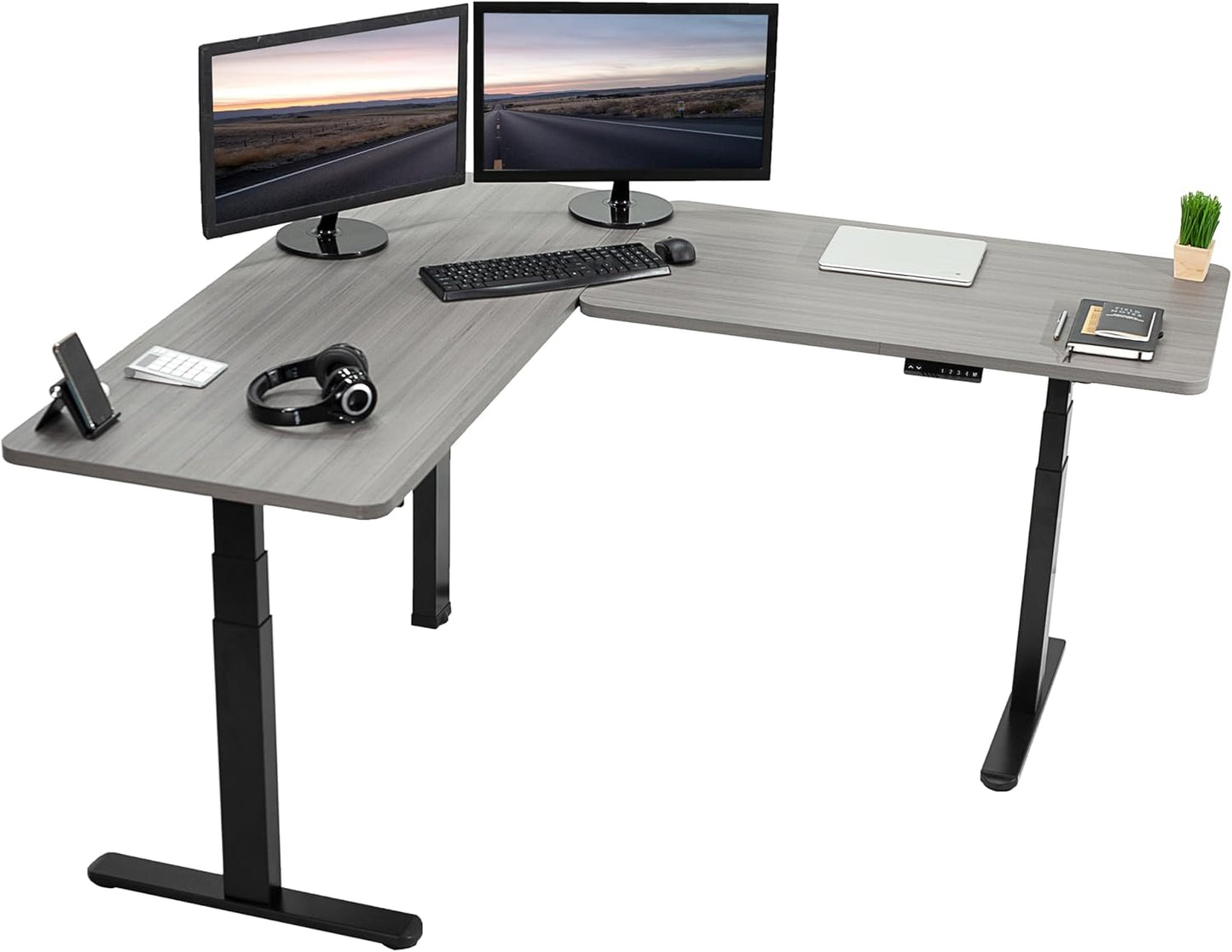 VIVO Electric Height Adjustable 83 x 60 inch Corner Stand Up Desk, 2 Light Wood Solid Table Tops, White Frame, Memory Controller, L-Shaped Workstation, 3E Series, DESK-KIT-3E8C