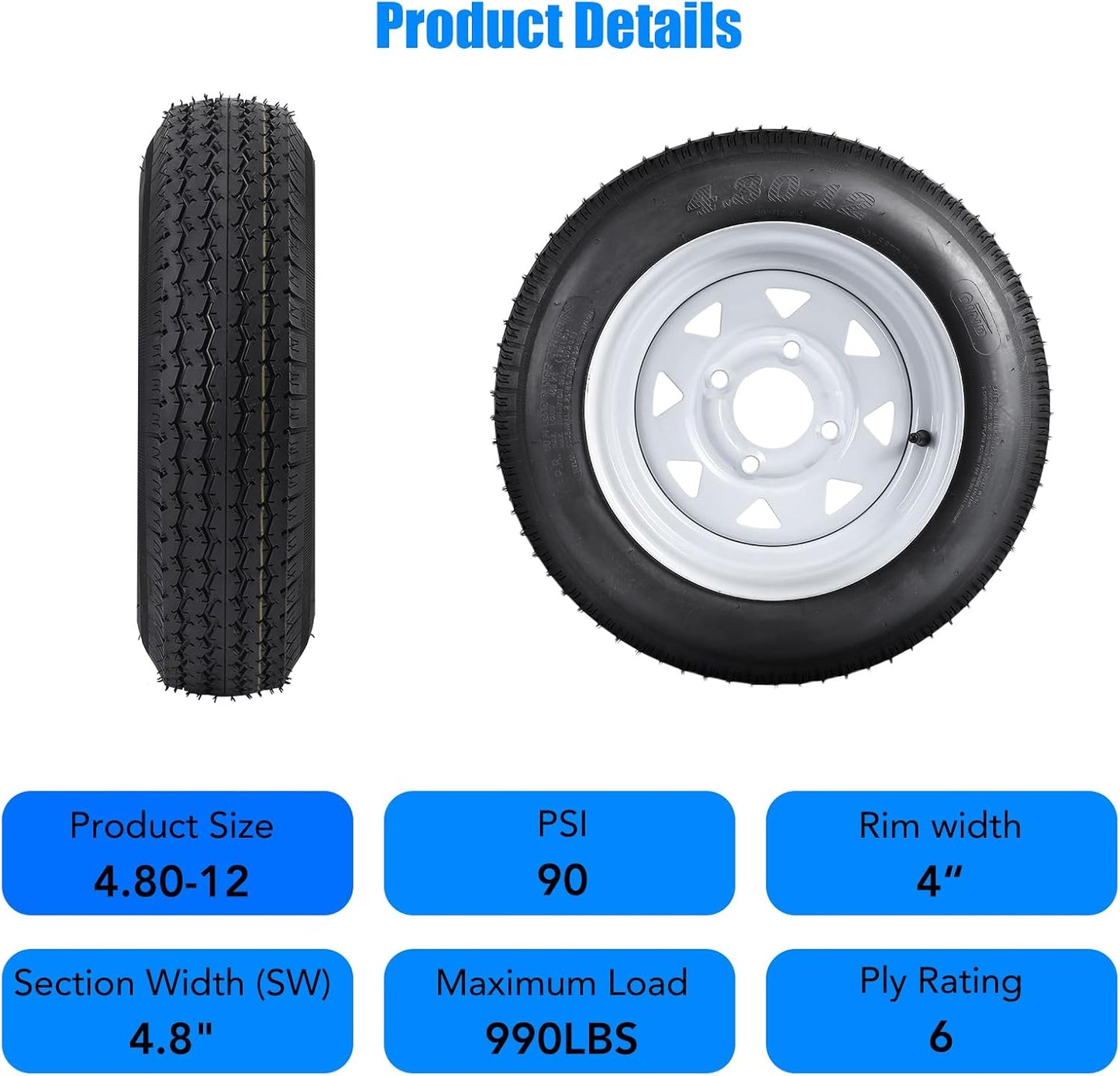 4.80-12 4.80x12 480-12 4.80-12 Trailer Tires with 12" Rims, 4 Lug on 4", Load Range C 6PR