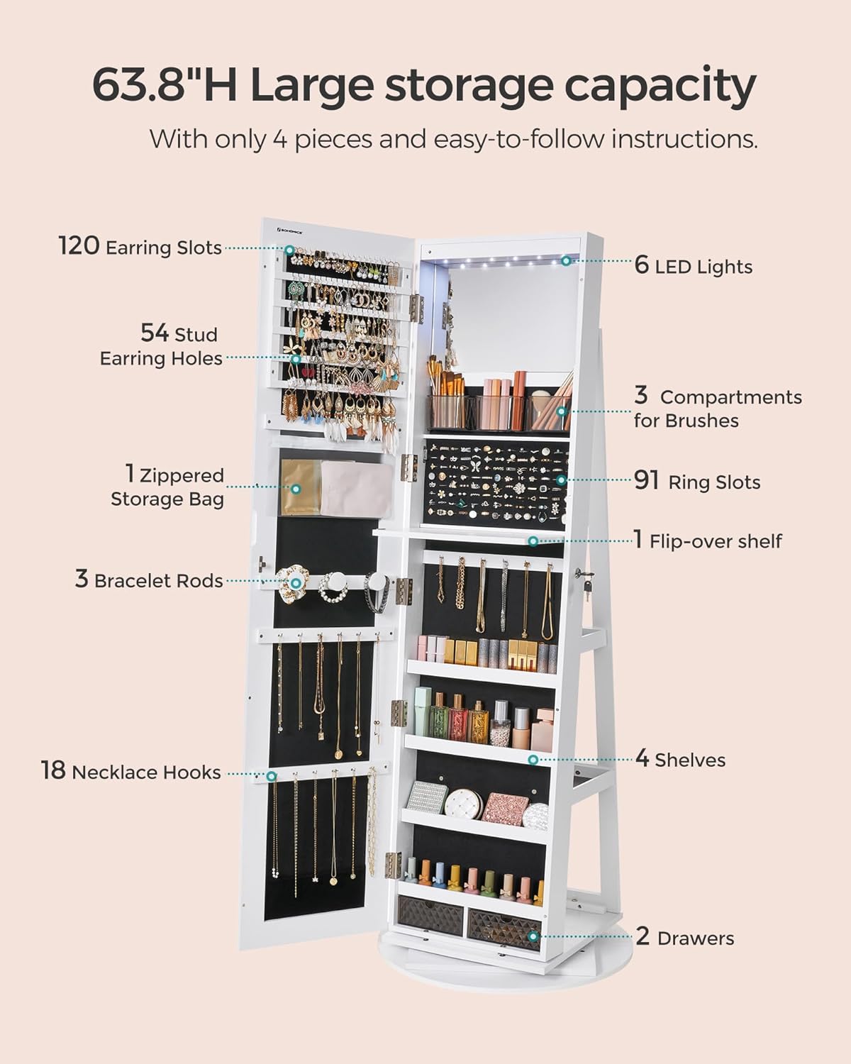 SONGMICS 6 LEDs Lockable Mirror Jewelry Cabinet, 360° Swivel Jewelry Organizer Armoire Standing, Frameless Full-Length Mirror, 3 Storage Shelves, White Surface, Black Lining UJJC007W01