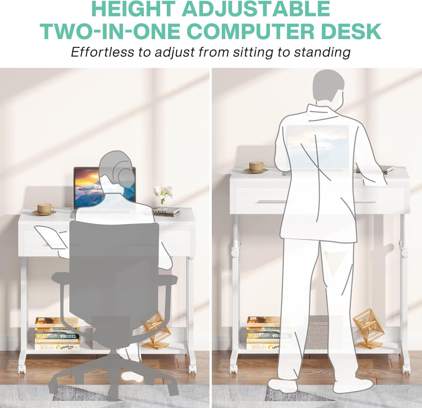 Tribesigns Portable Desk with Drawers, Mobile Laptop Desk with Wheels, Sofa Side Table Bed Desks, Small Standing Desk for Home Office (White)