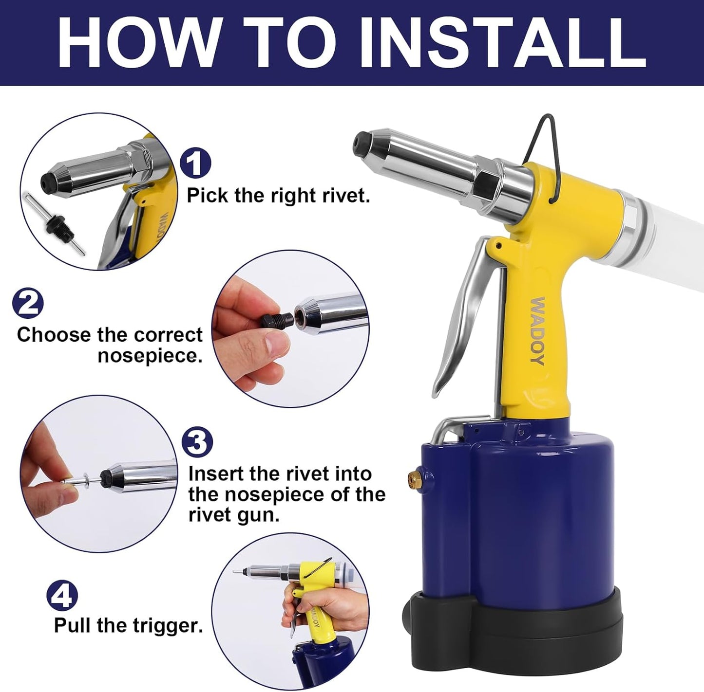 Air Rivet Gun Heavy Duty, Pneumatic Pop Rivet Gun Tool Set 3924lbf 50PCS Rivets with 3/16", 5/32", 1/8", 3/32",1/4" Air Riveter for Automotive, Construction, Industrial, Aluminum Boat Restoration