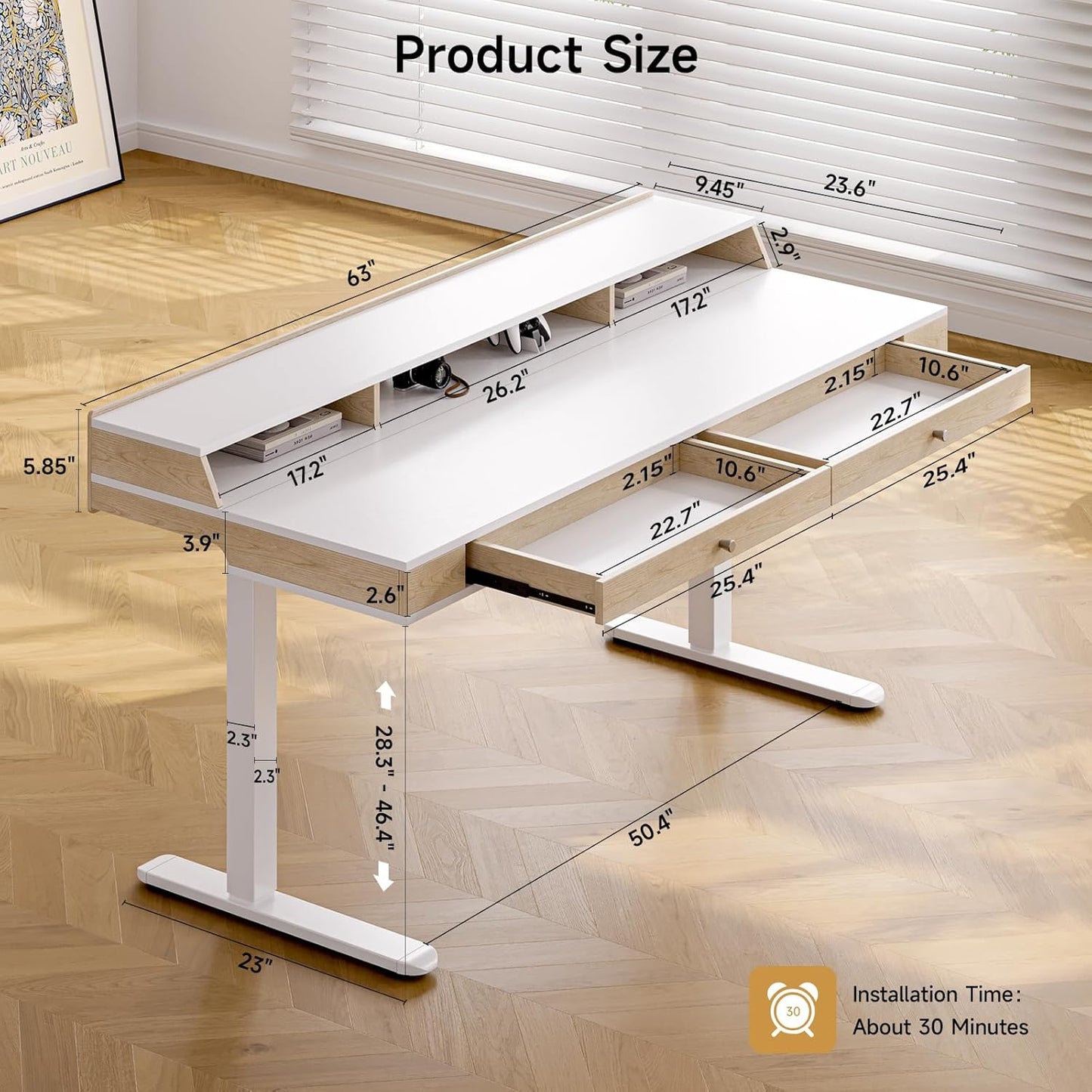 Standing Desk with Drawers, 63x23.6 Inch Electric Stand Up Desk with Storage Shelf and Memory Controller, Sit Stand Desk Adjustable Height from 28-46 Inch for Computer Workstation, White