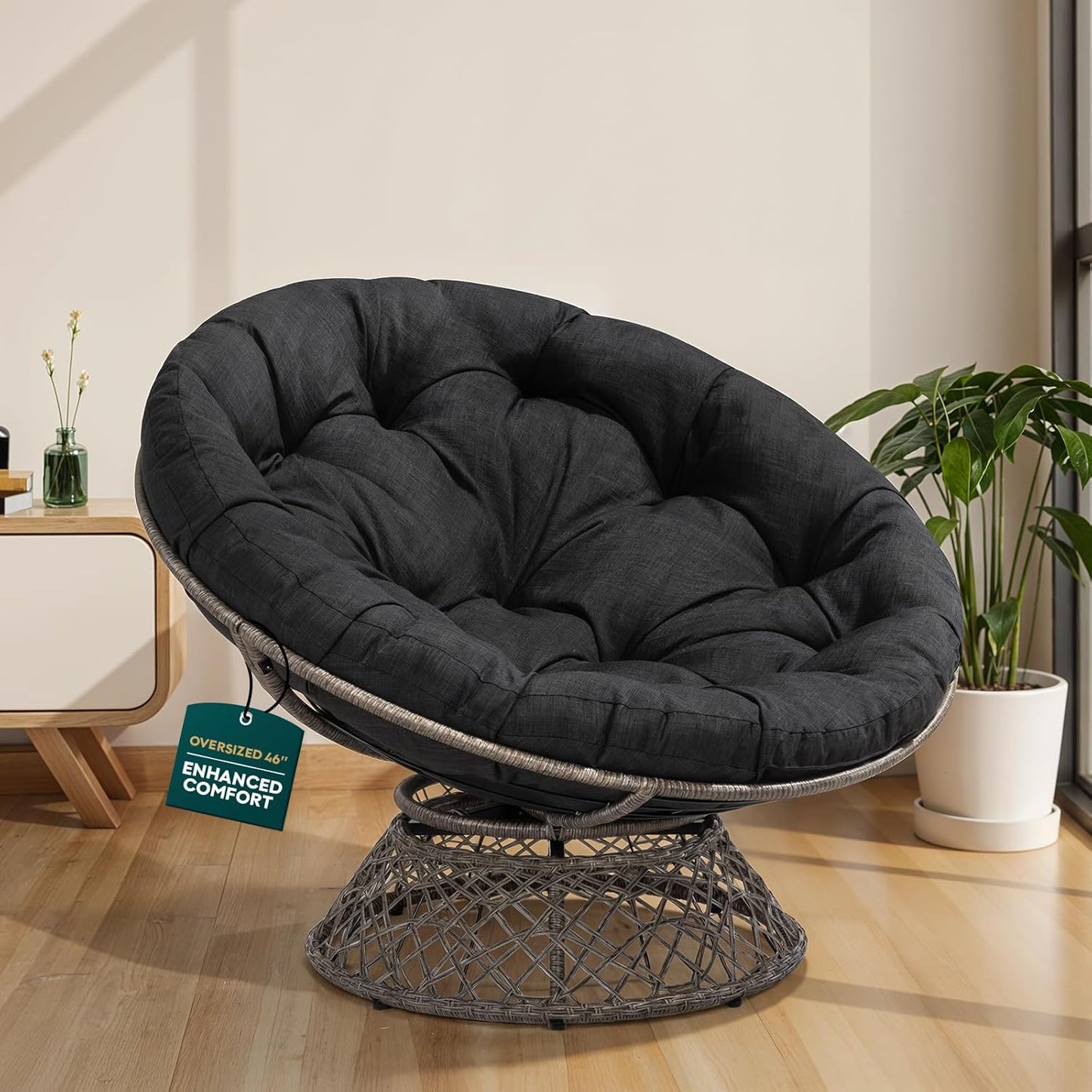 Bme 40" Ergonomic Wicker Papasan Chair with Soft Thick Density Fabric Cushion, High Capacity Steel Frame, 360 Degree Swivel for Living, Bedroom, Reading Room, Lounge, Silver Cloud - Black Base