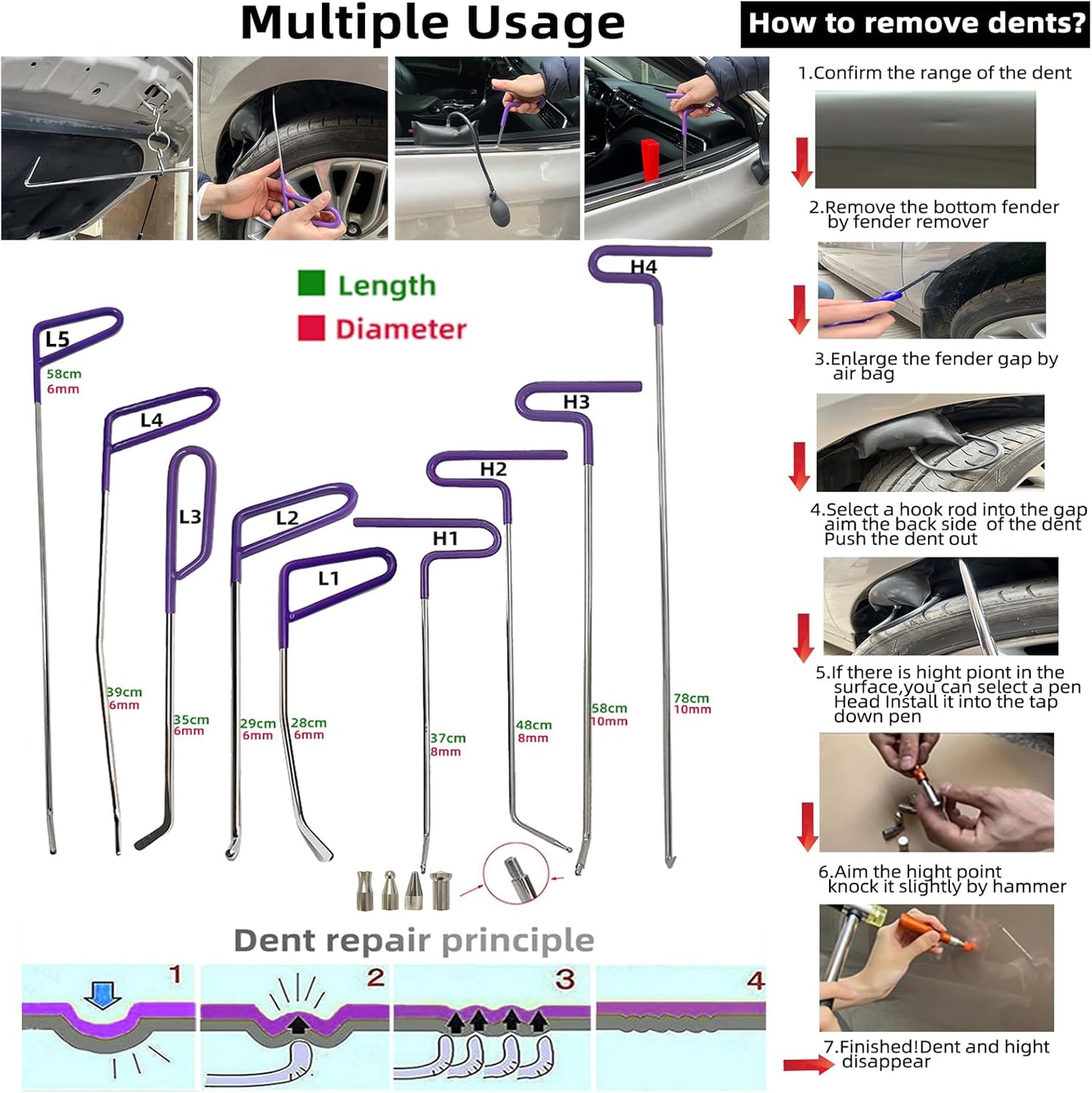 59pcs Paintless Dent Rods Repair Tools with Knock Down Pens,Red Soft Caps,Red Wedge and More,Suitable Removal Hail Damage,Dings and More for Car Body Dent Repair