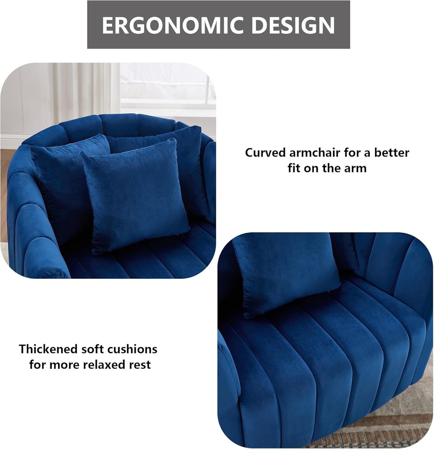 40.35" Oversized Swivel Accent Chairs Navy, with 3 Pillows Velvet Swivel Chairs for Living Room,Modern Barrel Chair