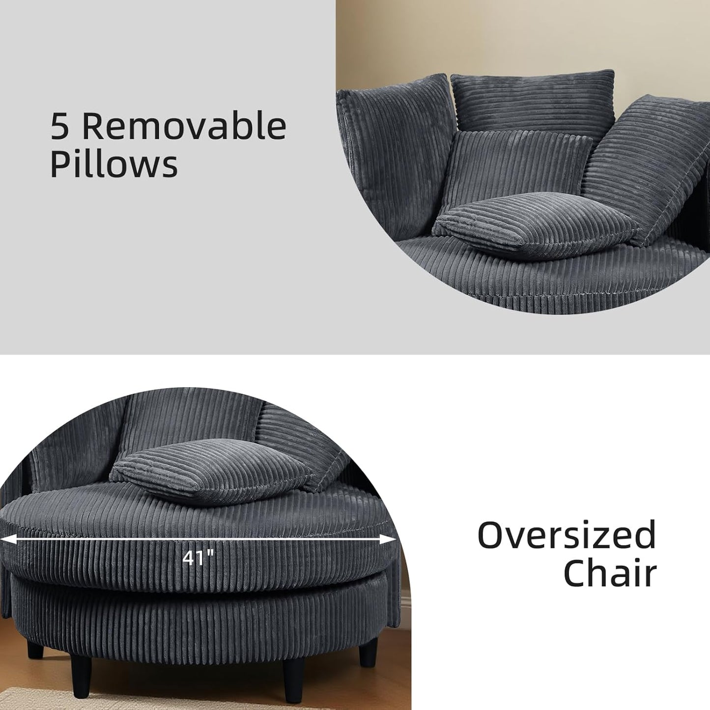 41" Oversized Accent Barrel Chair Large Round Chair, Modern Upholstered Circle Accent Chair with Legs & 5 Pillows for Living Room, Bedroom, Corduroy Chair, Grey