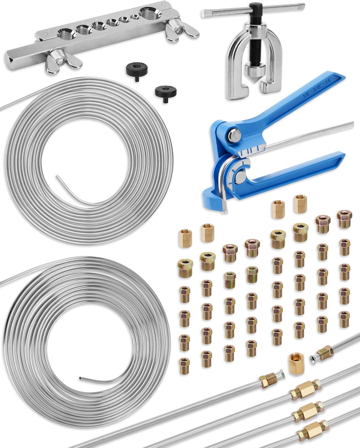 25 ft 3/16in &1/4in Copper Coated Brake Line Flaring Tool Kit, Includes 3-in-1 Tube Bender, Double & Single Flaring Tool Set, 4 Threads Unions, 40 Fittings