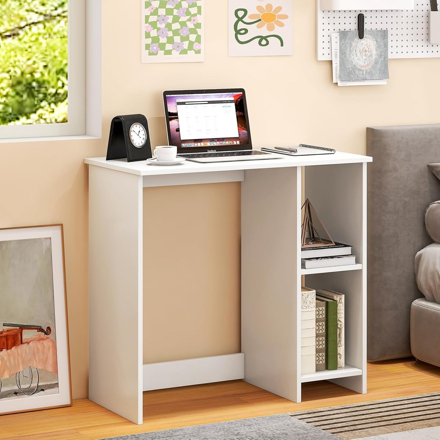 Tangkula Small White Desk with Shelves, Compact Desk for Small Space, Study Writing Table with 2 Tier Shelves, Modern Simple Style Laptop PC Table, White