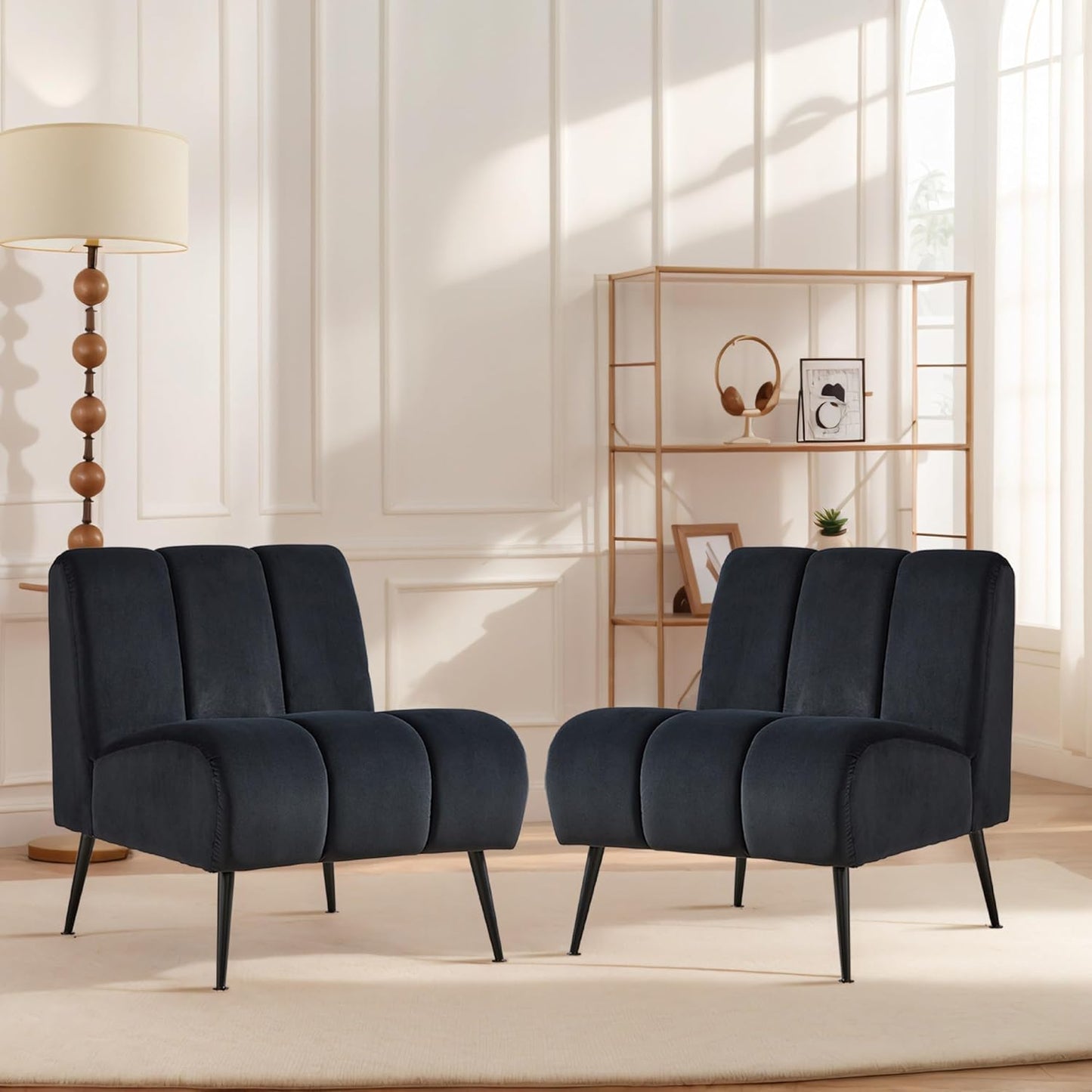 Aoiy & Wifon Velvet Accent Chair Set of 2, Single Living Room Chair with Metal Legs, Armless Reading Chair for Living Room, Beige
