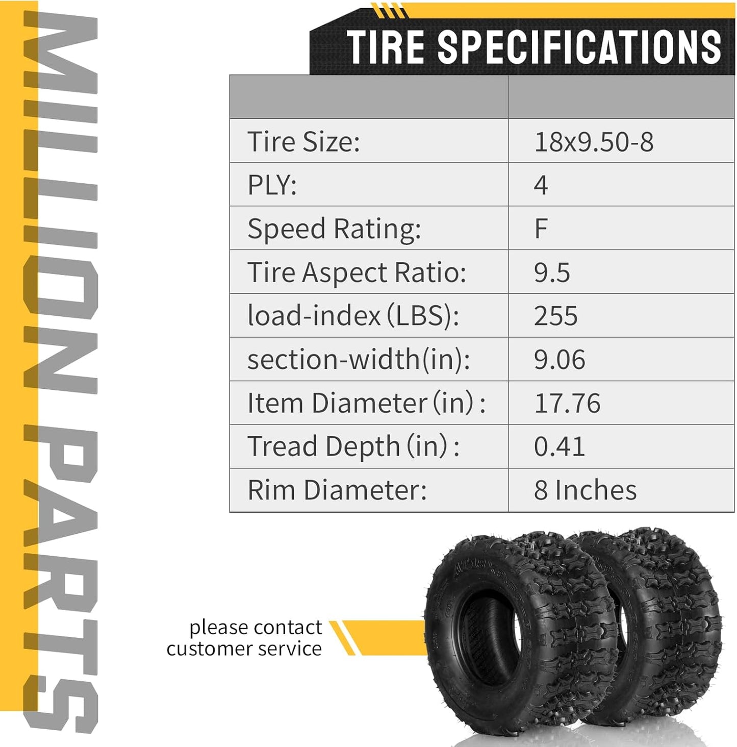 SUNROAD 2 Pcs 18x9.5-8 ATV UTV Tires 4PR 18x9.5x8 Sport All Terrain Tubeless Tires
