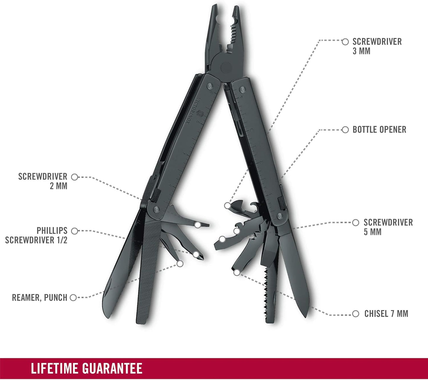 Victorinox Swiss Tool BS, 24 Function Swiss Made MultiTool with 2 Blades (Large and Serrated), 5 Screwdrivers, Pliers and Chisel - Black