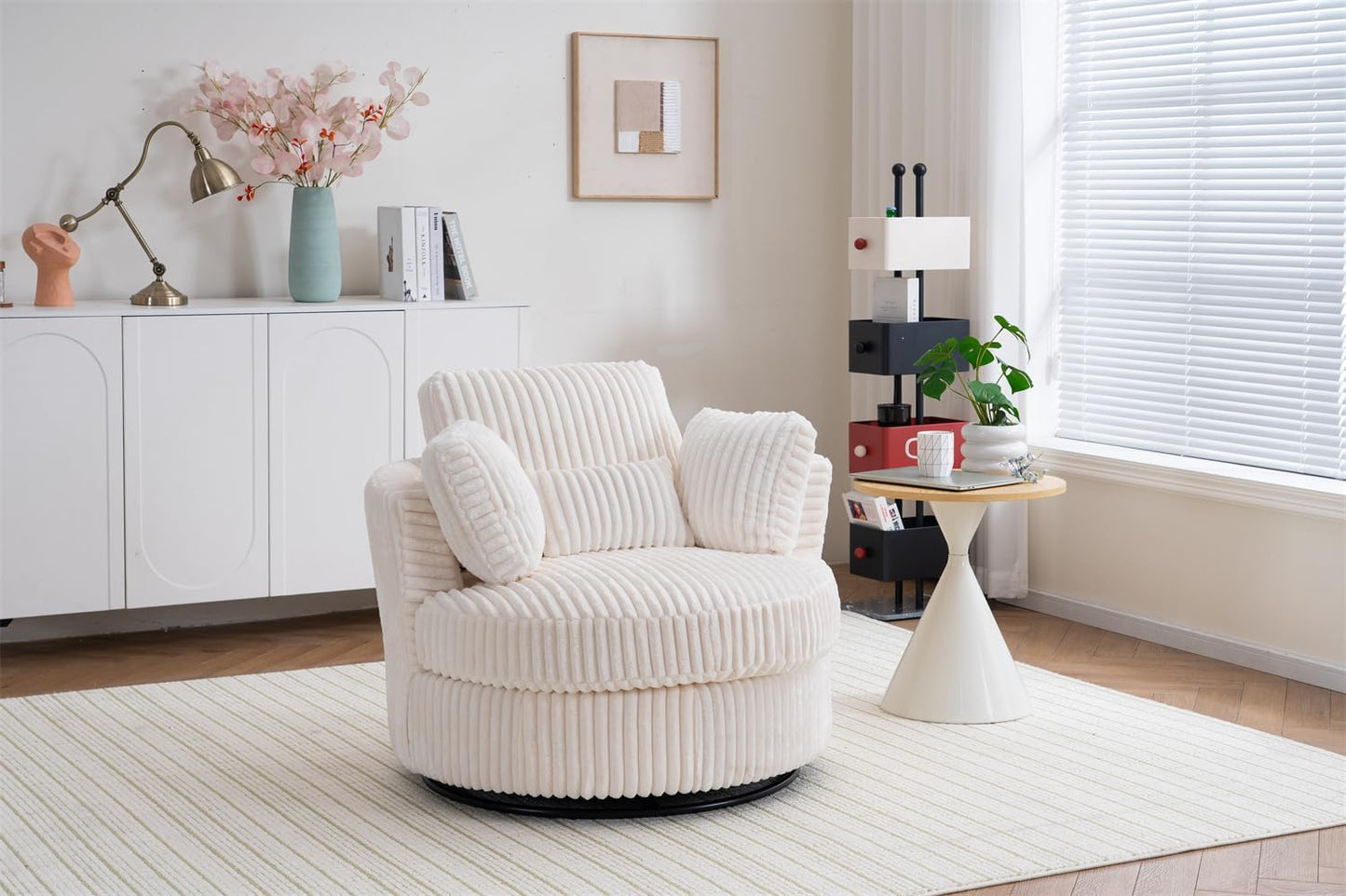 Swivel Barrel Chair with Pillows and Cushions,Corduroy Round Chair with Metal Base for Living Room (White)