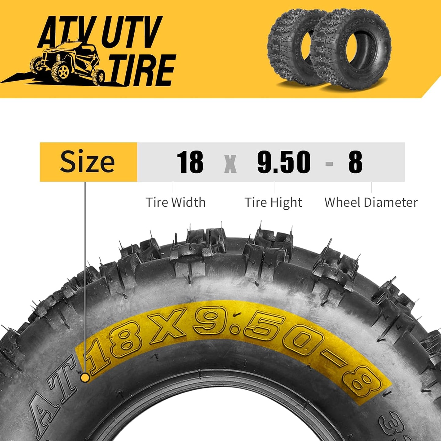 SUNROAD 2 Pcs 18x9.5-8 ATV UTV Tires 4PR 18x9.5x8 Sport All Terrain Tubeless Tires