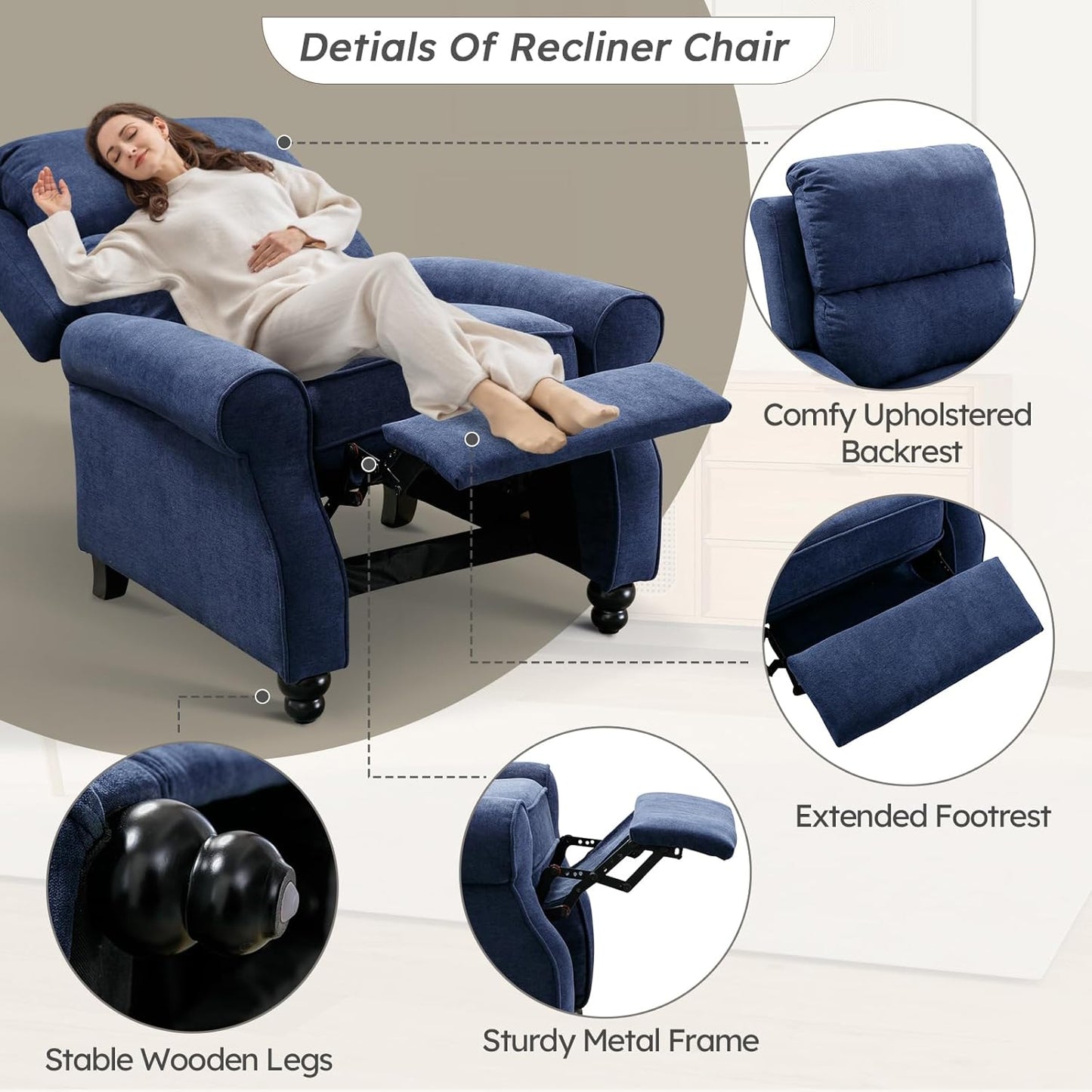 Bonzy Home Pushback Recliner Chair Set of 2, Push Back Reclining Chair with Padded Seat, Comfy Fabric Recliner for Living Room Bedroom Home Theater, Navy Blue