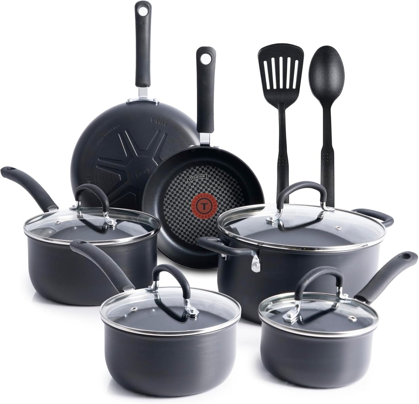 T-Fal Ultimate Hard Anodized Nonstick Cookware Set 17 Piece, Nonstick Pots and Pans Set with Fry Pan, Saucepans, Saute-Pan, Griddle, Dishwasher Safe, Black