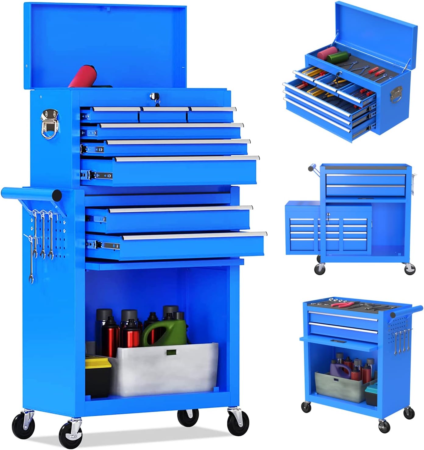 8-Drawer High Capacity Rolling Tool Chest, Removable Cabinet Storage Tool Box with Wheels and Drawers, Detachable Toolbox with Lock for Workshop Mechanics Garage (Black)
