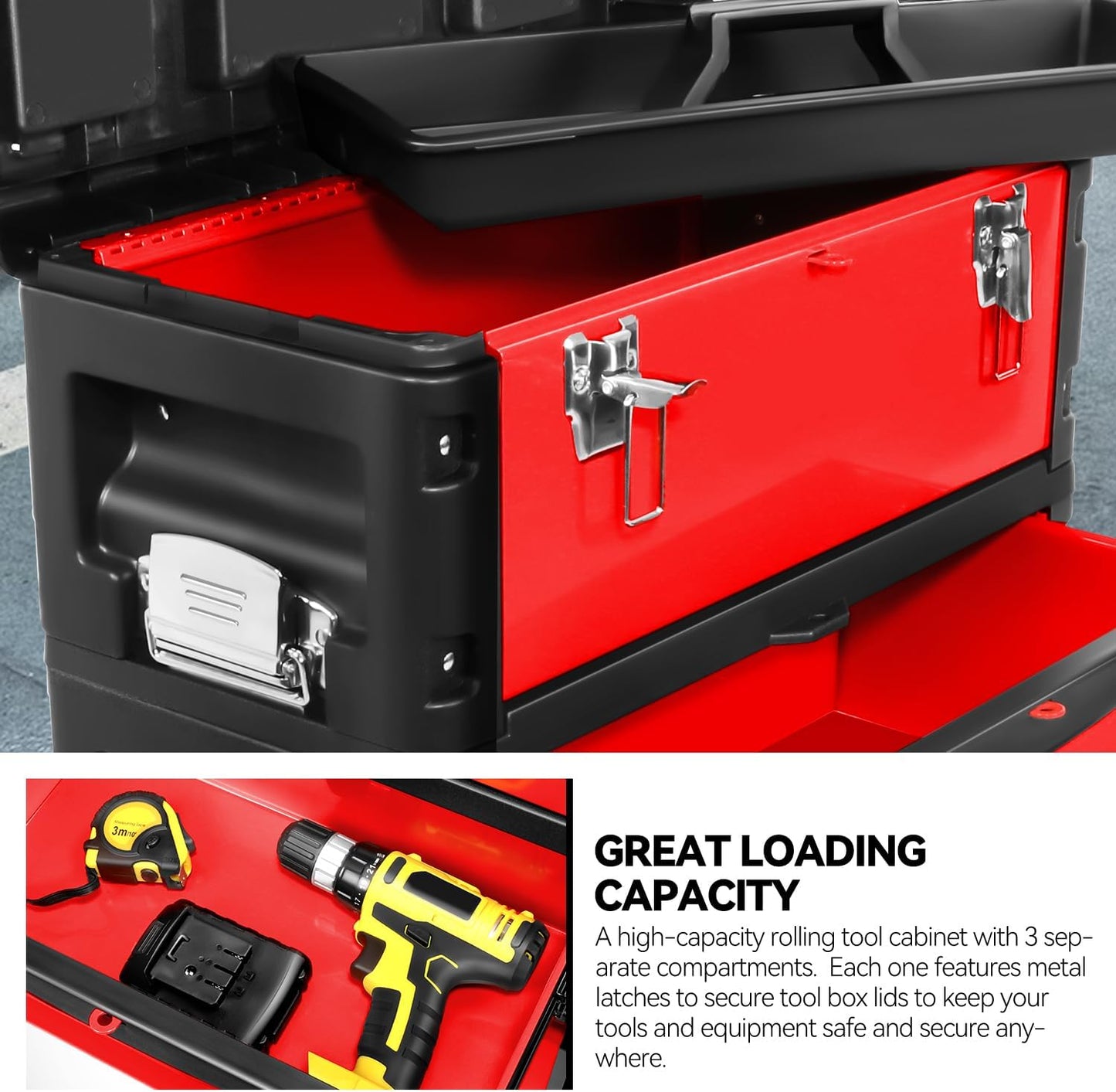 Auto Dynasty Stackable Tool Box 3-Tier Tool Separate Organizer Rolling Tool Chest with Wheels 3-in-1 Upright Trolley Tool Chest for Garage or Workshop, Red