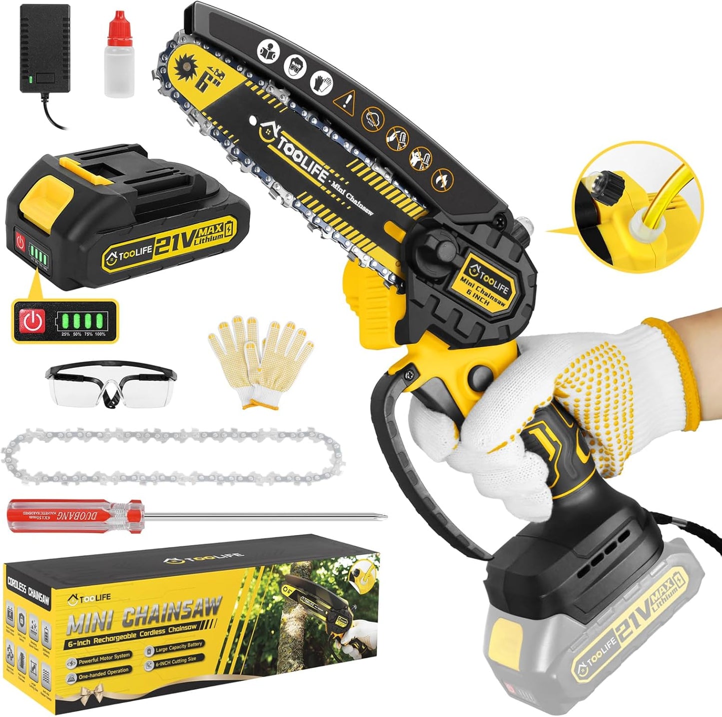 TOOLIFE Mini Chainsaw 6inch, Handheld Electric Battery Powered Chain Saw for Tree Cutting, Gardens Yard Tools for Men Husband Dad,Anniversary Mens Gifts over 50 60, Birthday Gift Ideas