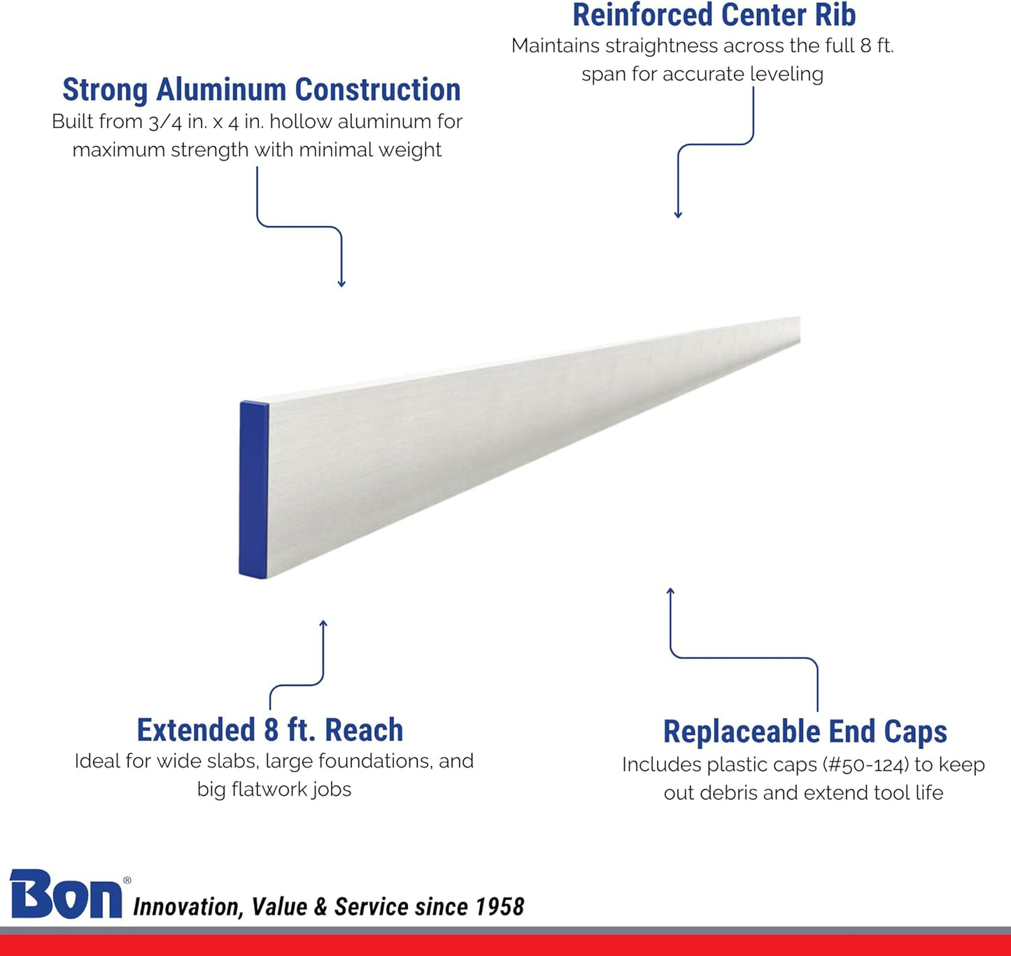 Bon Reinforced Aluminum H Screed – 3/4 in. x 4 in. x 14 ft. with Center Rib and Replaceable End Caps – Ultra-Long Concrete Leveling Tool for Large Surface Finishing