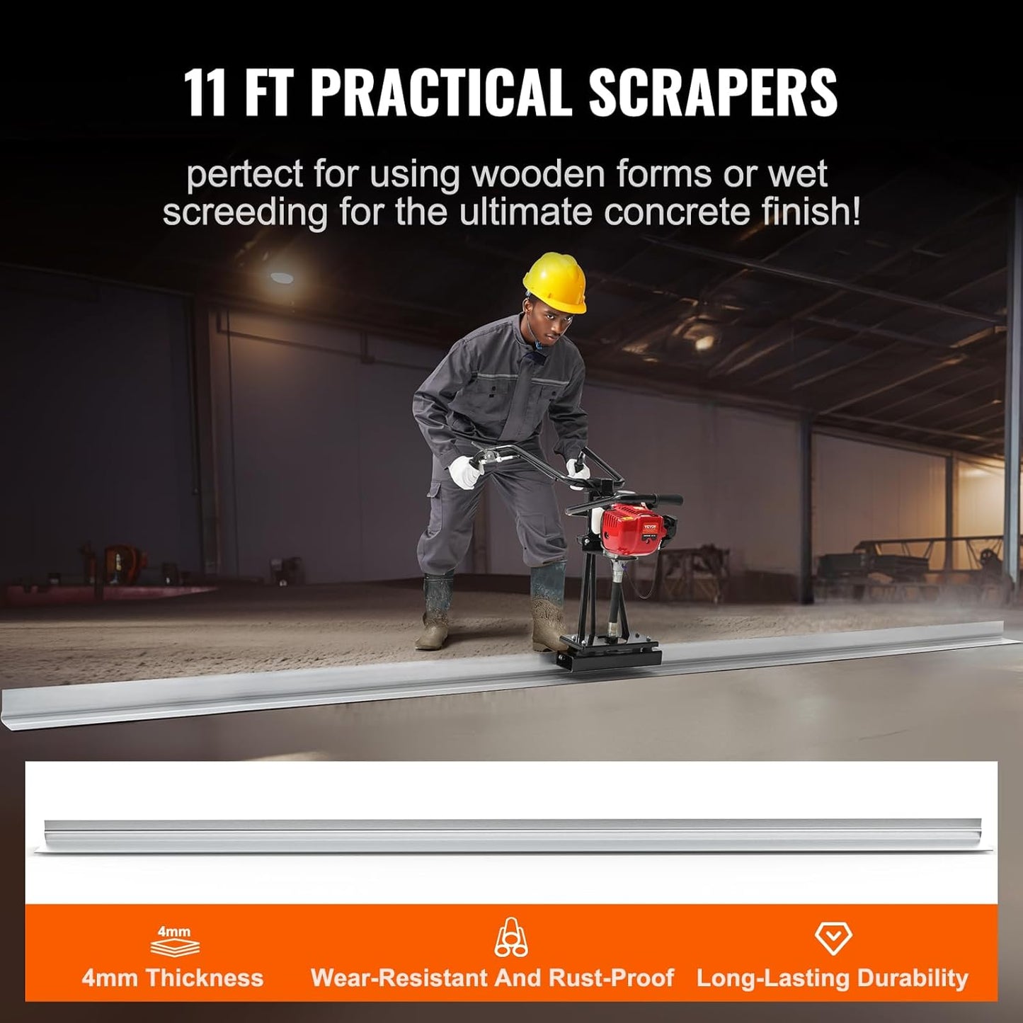 VEVOR Concrete Power Screed, 11ft Aluminum Board Straight Edge Bar Set, 4 Stroke Cement Finishing Vibrating Motor with Height Adjustable Handles, High Efficient Concrete Tools 6500RPM