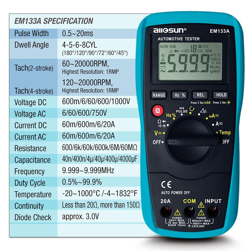 allsun Automotive Dwell Meter Digital Multimeter Autoranging TRMS 5999 Counts ACA/DCA Max.20A for RPM Dwell Angle Pulse Width Tach Temperature Duty Cycle Data Hold Test,Meter to PC