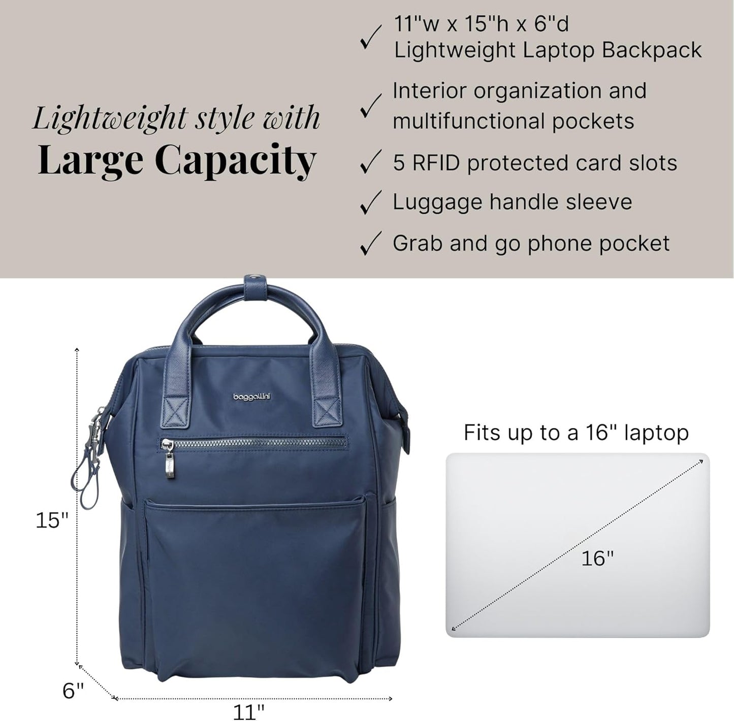 Baggallini Soho Backpack - Travel Laptop Backpack for Women - Lightweight Water-Resistant Luggage Bag, French Navy