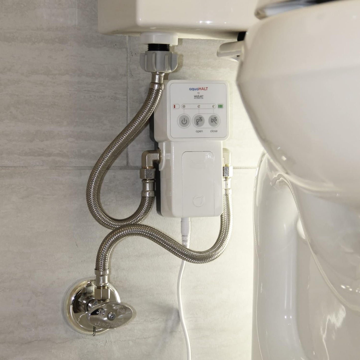 Smart Home Water Toilet Leak Detector Alarm and Automatic Shut Off Valve - Water Sensor Alarm Shut Off Tool - Easy Installation - Battery Operated - Protect Your Home from Water Damage