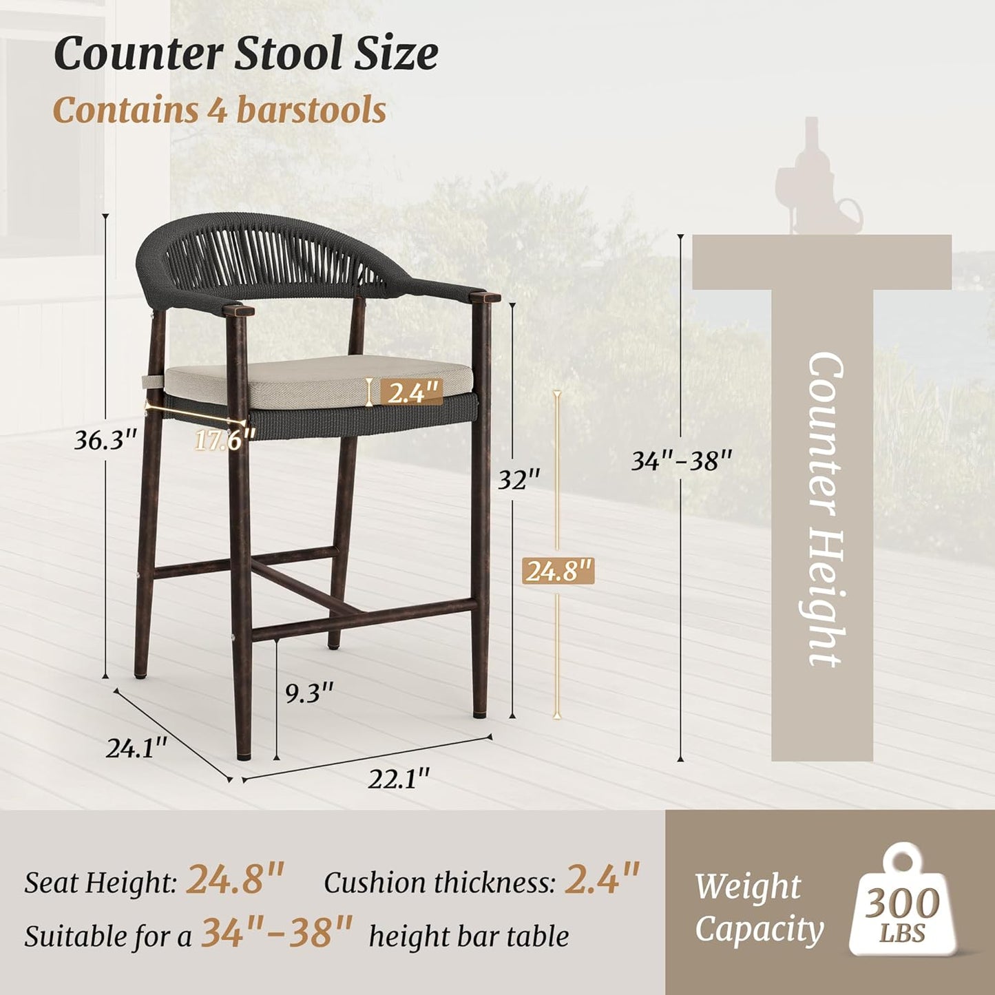 Bar Stools Set of 4, 24.8'' Aluminum Outdoor Bar Stool with Removable Cushion, Boho Rattan BarStools, Olefin Rope Woven Bar Chairs with Footrest for Patio, Garden, Pool, Kitchen, Black