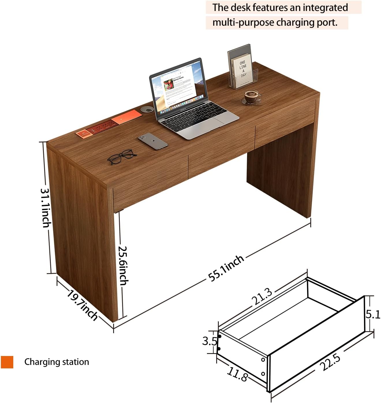 55-Inch Office Desk with Pull-Out Outlet, Computer Desk with 3 Sturdy Drawers, Writing/Gaming/Work/Study Desk for Bedroom, Living Room & Home Office, Brow (Brown, 55)