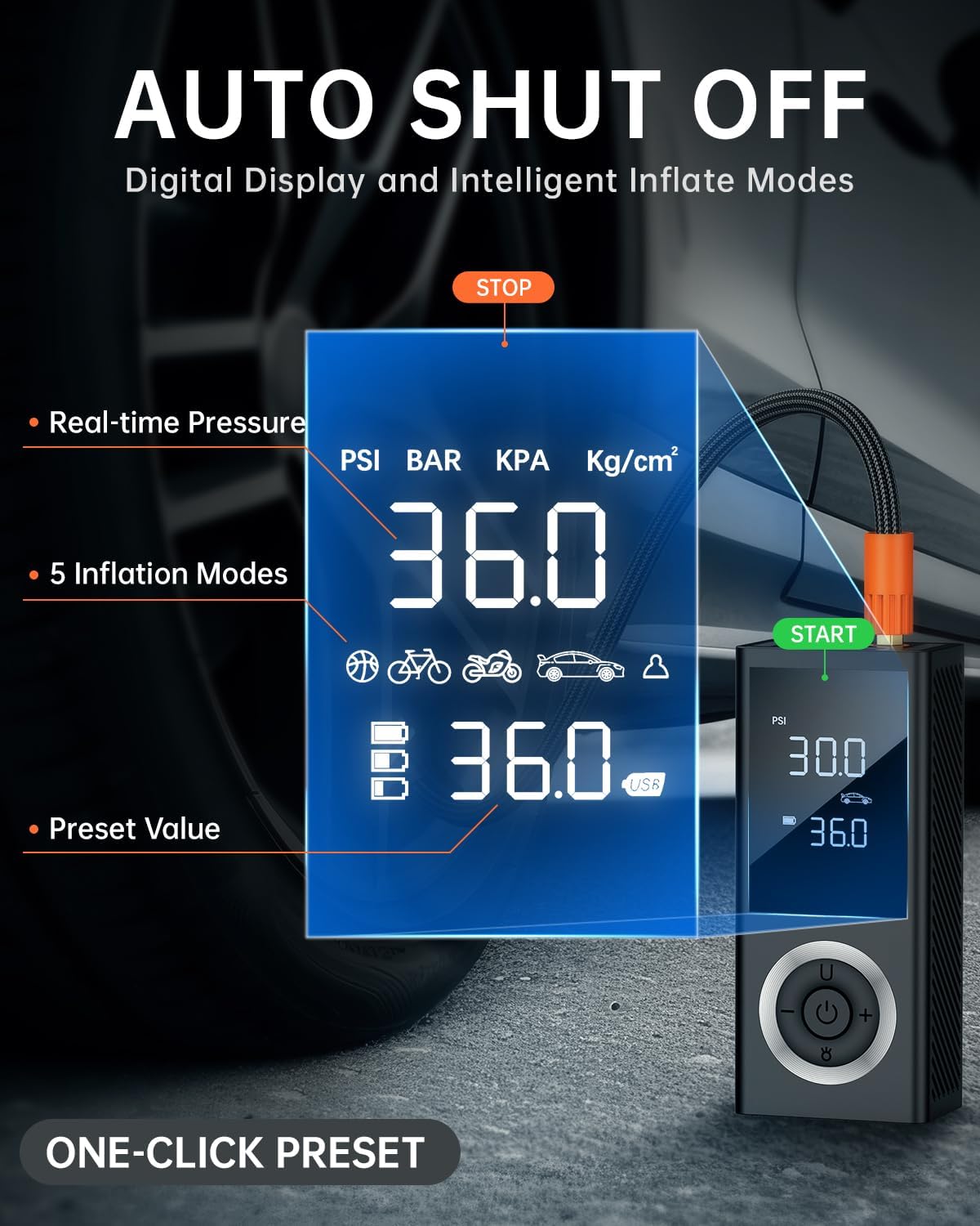 Tire Inflator Portable Air Compressor, Cordless Air Pump for Car Tires with Digital Pressure Gauge, LED Light,12V Car Power Adapter, Storage Box