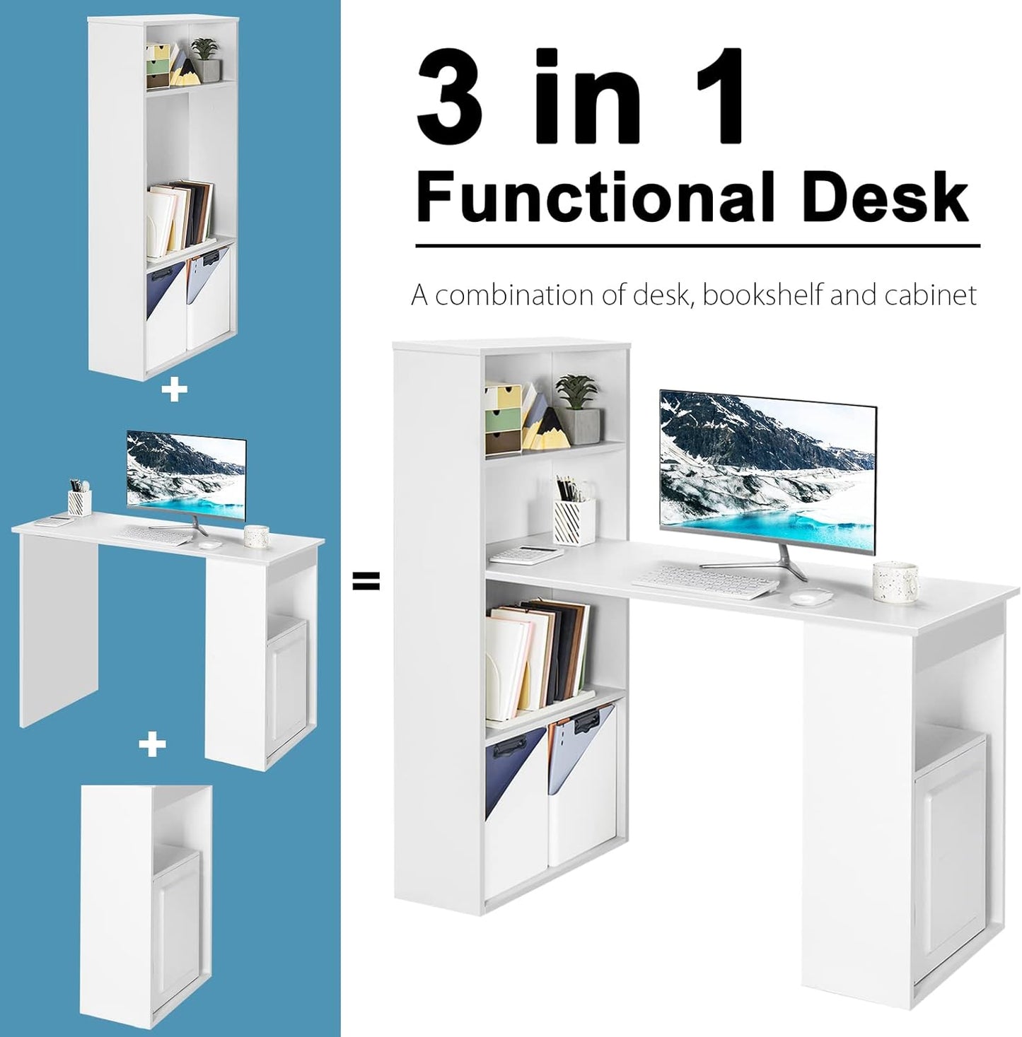 AUGESTER Computer Desk with Bookcase, Desk Bookshelf Cabinet 3 in 1 Functional Table, Compact Computer Workstation with Storage Shelf and CPU Holder, Suitable for Home & Office (White)