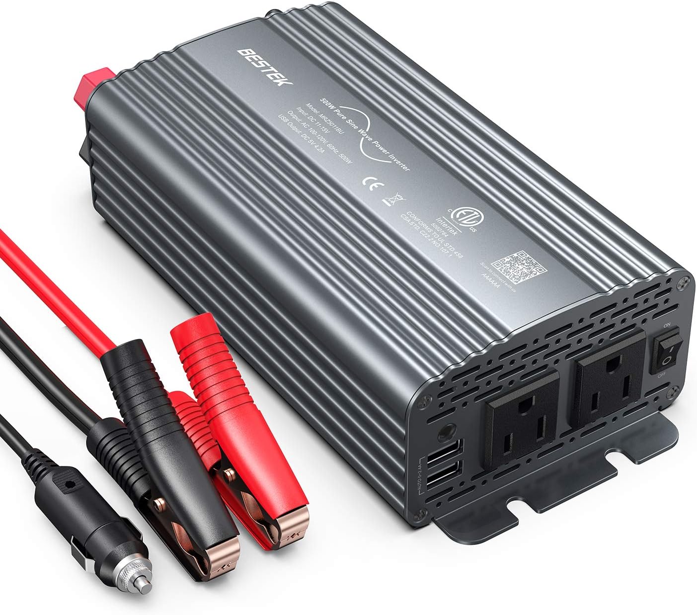 BESTEK 500W Pure Sine Wave Power Inverter DC 12V to AC(2 Outlets) 110V Car Charger Plug Inverter Adapter Converter with 4.2A Dual USB Charging Ports, ETL Listed