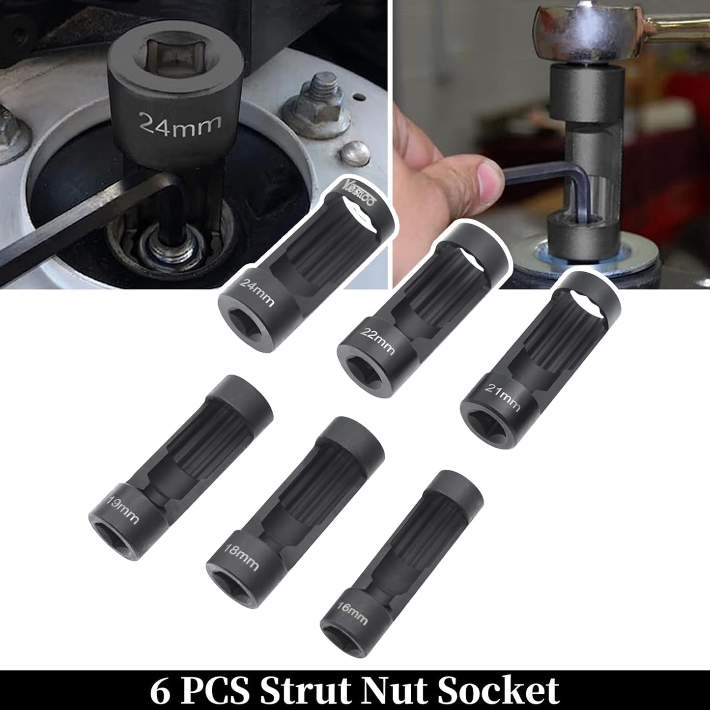 9pcs Strut Nut Socket 16mm 18mm 19mm 21mm 22mm 24mm with 12 Point 1/2" Drive, Suspension Strut Spreader Socket Tool Kit Shock Absorber Tool Suspension Strut Split Hub/Knuckle Spreader Tool