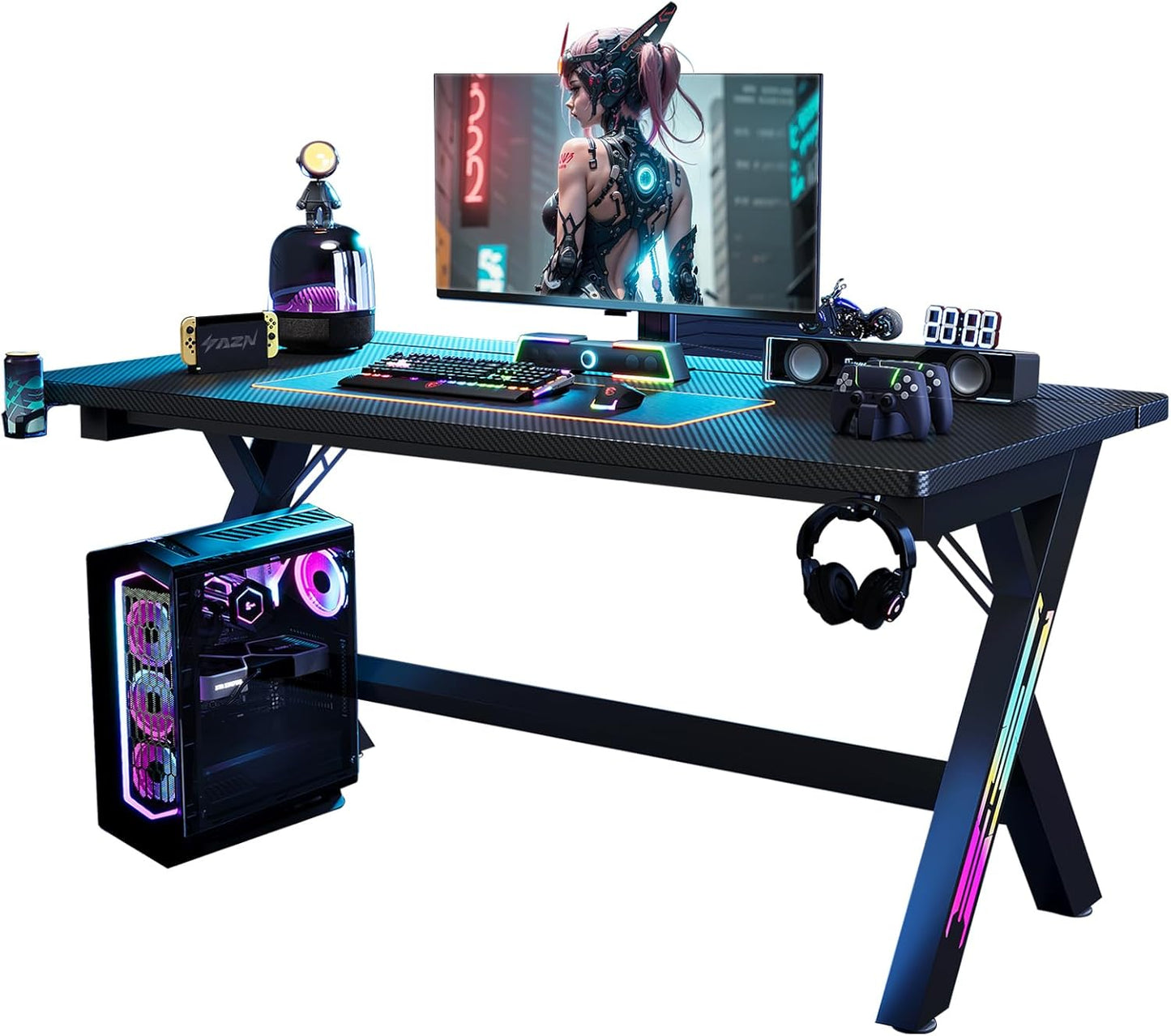 AZN Gaming Desk, 55'' Computer Desk, Gaming Desk w/LED Lights & Carbon Fiber Desktop, Home Office Desks w/Ergonomic Design, Computer Desks w/Cup Holder, Headphone Holder, Cable Organizer